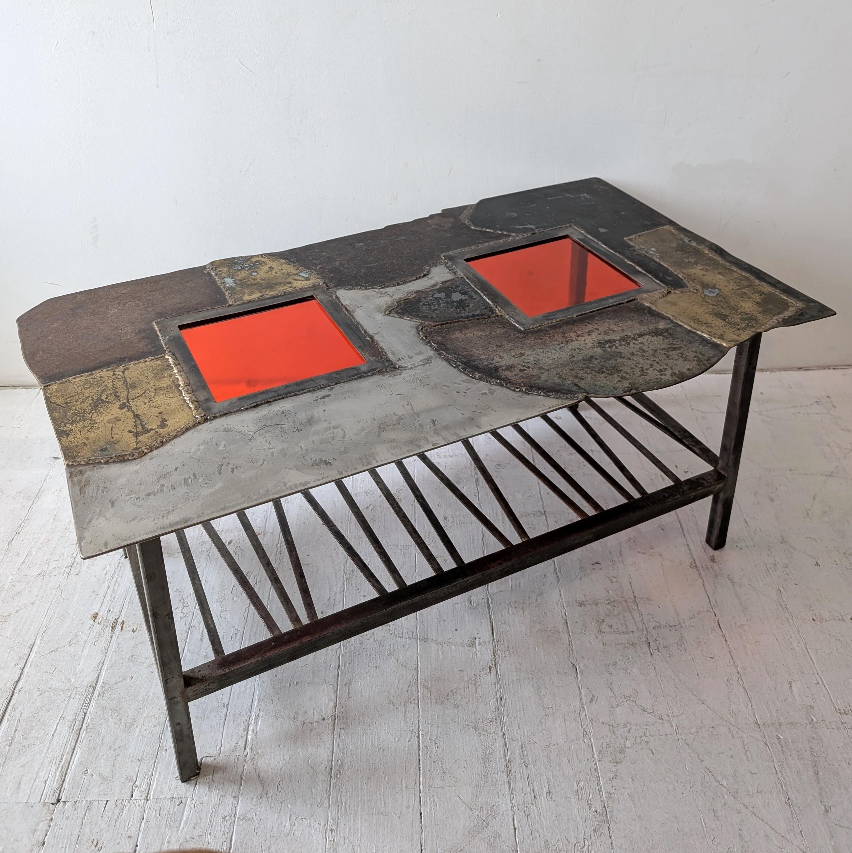 Brass Vintage midcentury Brutalist steel, brass & red glass coffee table, USA 1970s For Sale