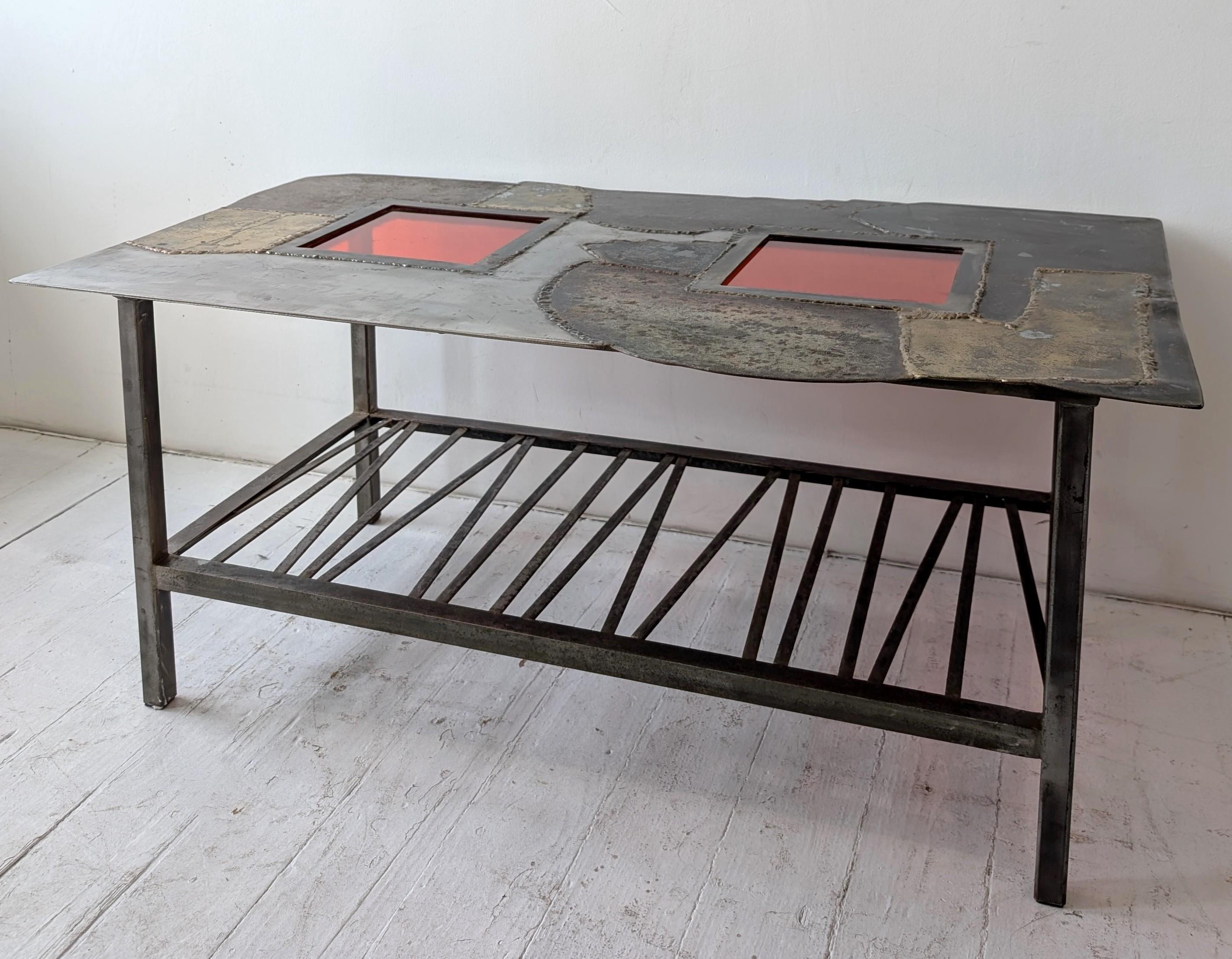 Vintage midcentury Brutalist steel, brass & red glass coffee table, USA 1970s For Sale 1