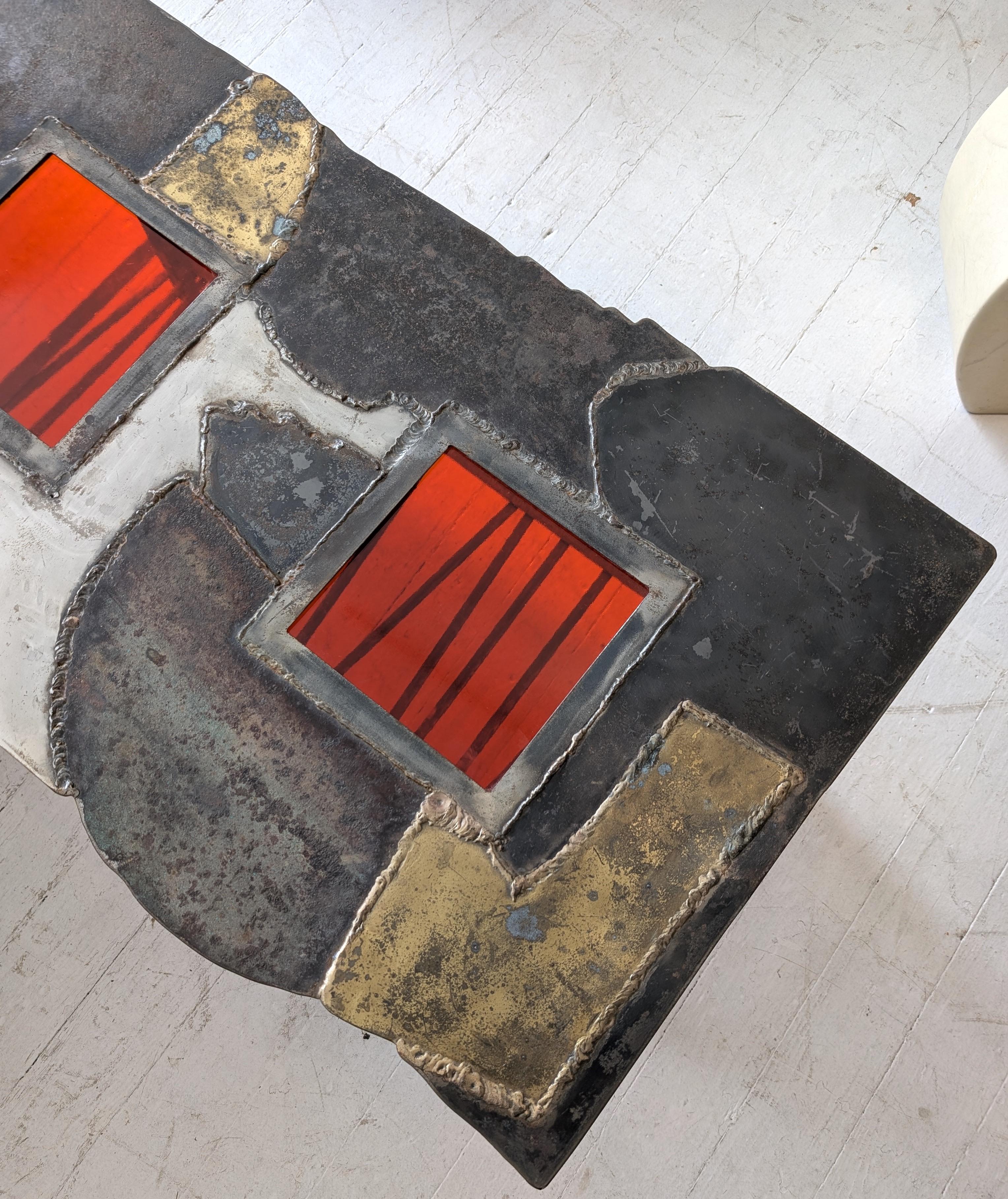 Vintage midcentury Brutalist steel, brass & red glass coffee table, USA 1970s For Sale 2