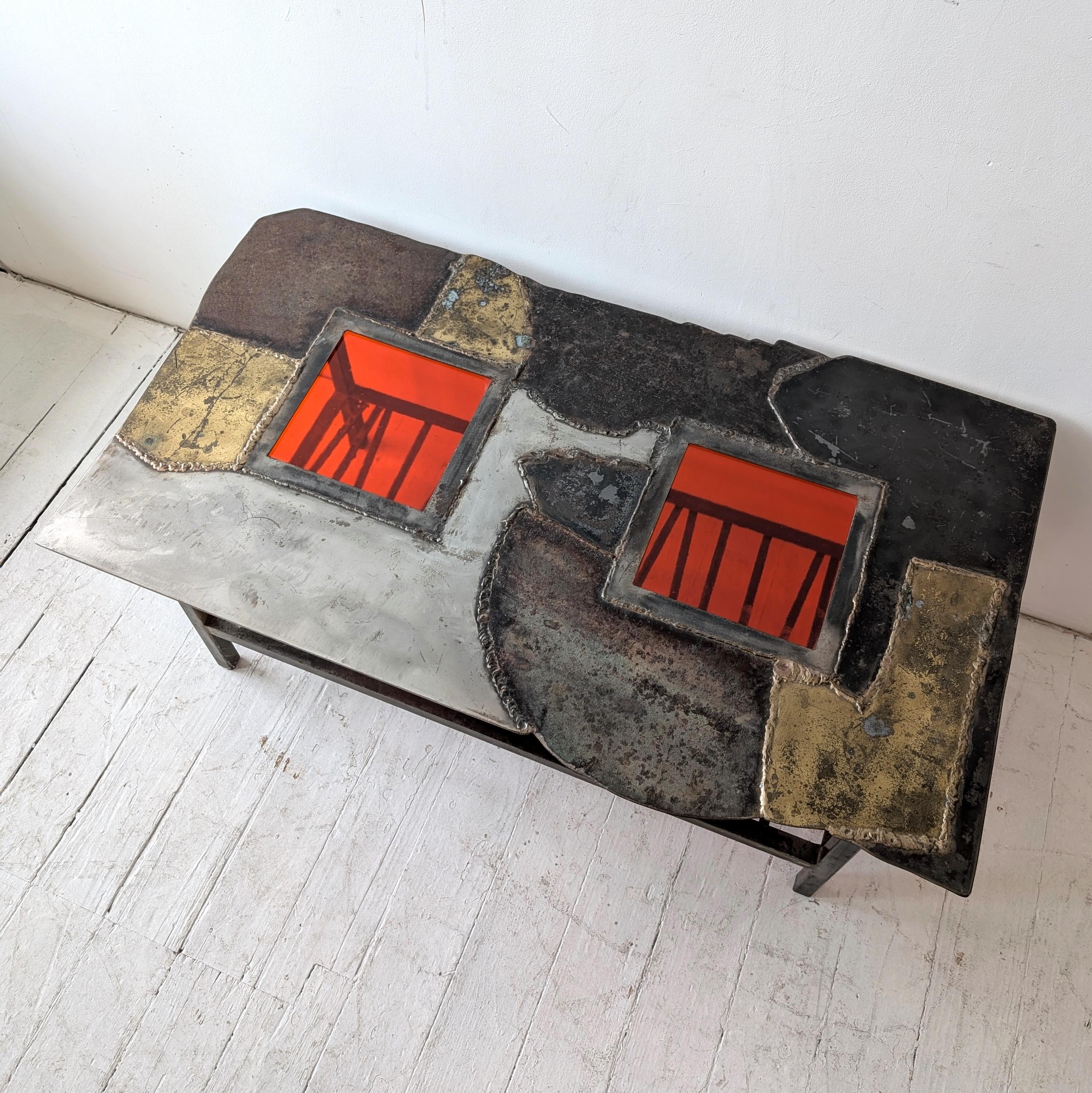 Vintage midcentury Brutalist steel, brass & red glass coffee table, USA 1970s For Sale 3