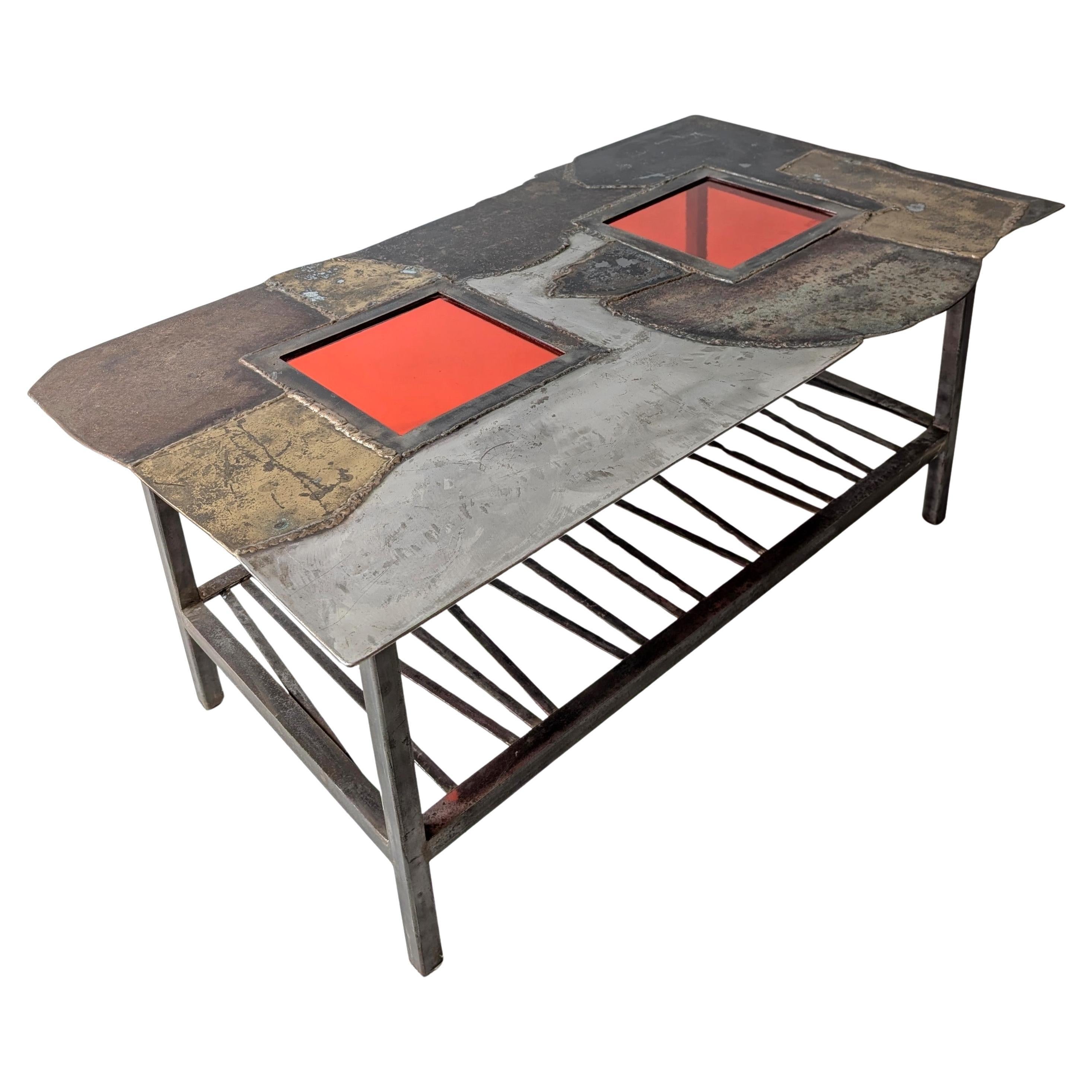 Vintage midcentury Brutalist steel, brass & red glass coffee table, USA 1970s For Sale