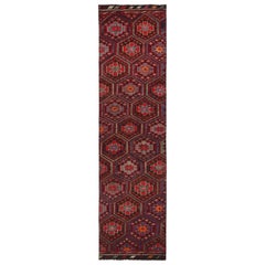 Vintage Midcentury Burgundy Red and Blue Wool Kilim Runner