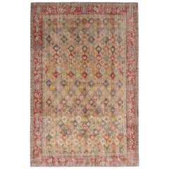 Vintage Midcentury Burgundy Red and Green Geometric-Floral Wool Rug