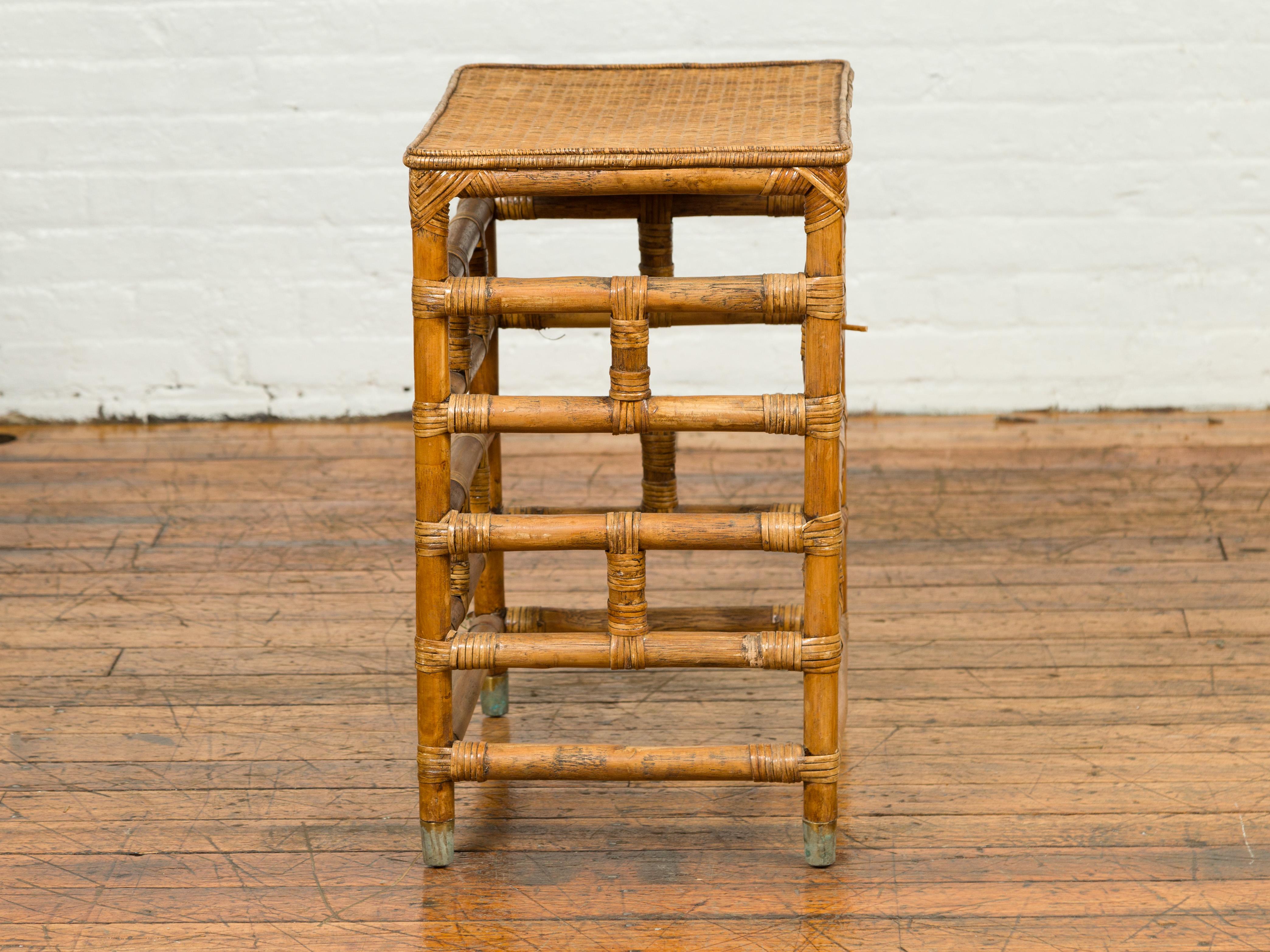 Vintage Midcentury Burmese Side Table with Rattan Top and Geometric Bamboo Base 7
