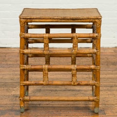 Vintage Midcentury Burmese Side Table with Rattan Top and Geometric Bamboo Base