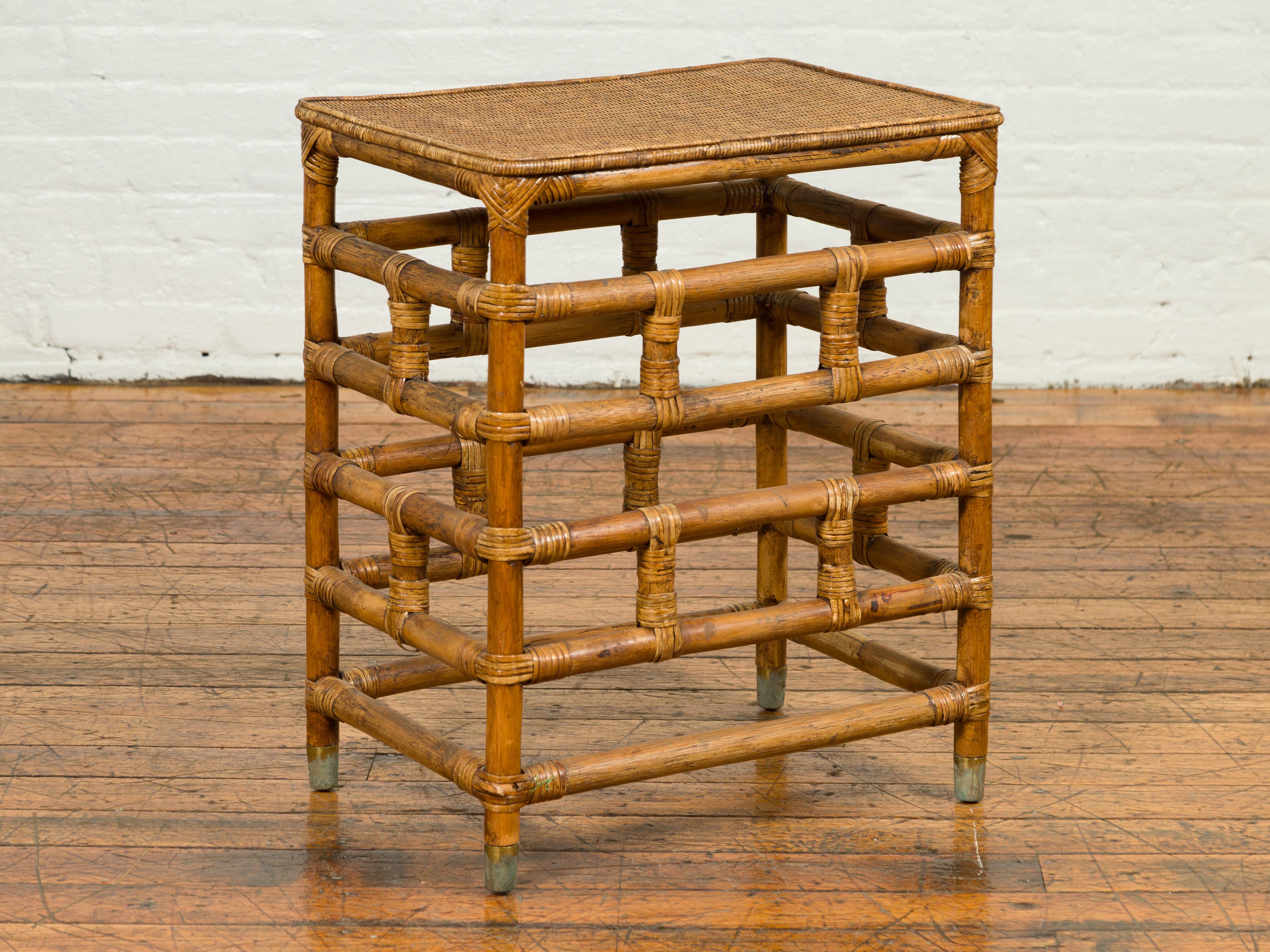 20th Century Vintage Midcentury Burmese Side Table with Rattan Top and Geometric Bamboo Base