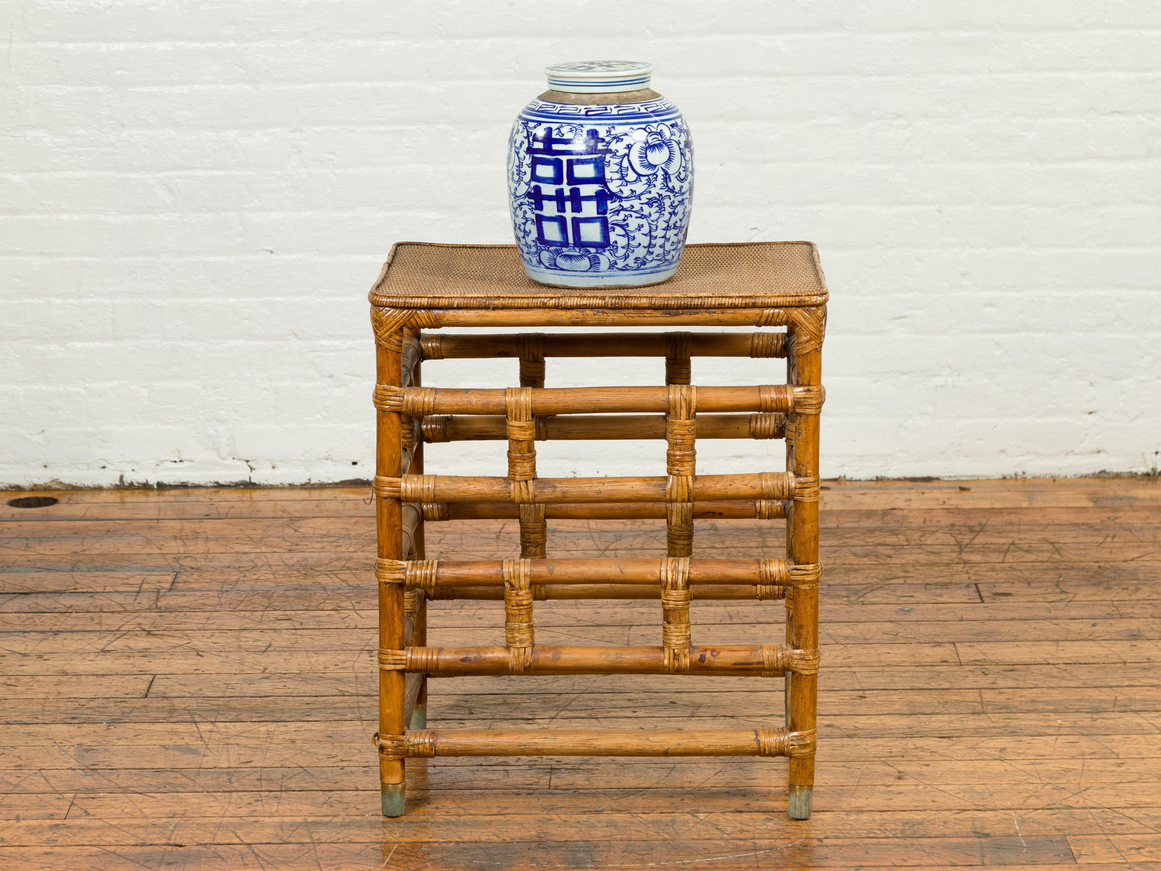 Vintage Midcentury Burmese Side Table with Rattan Top and Geometric Bamboo Base 1