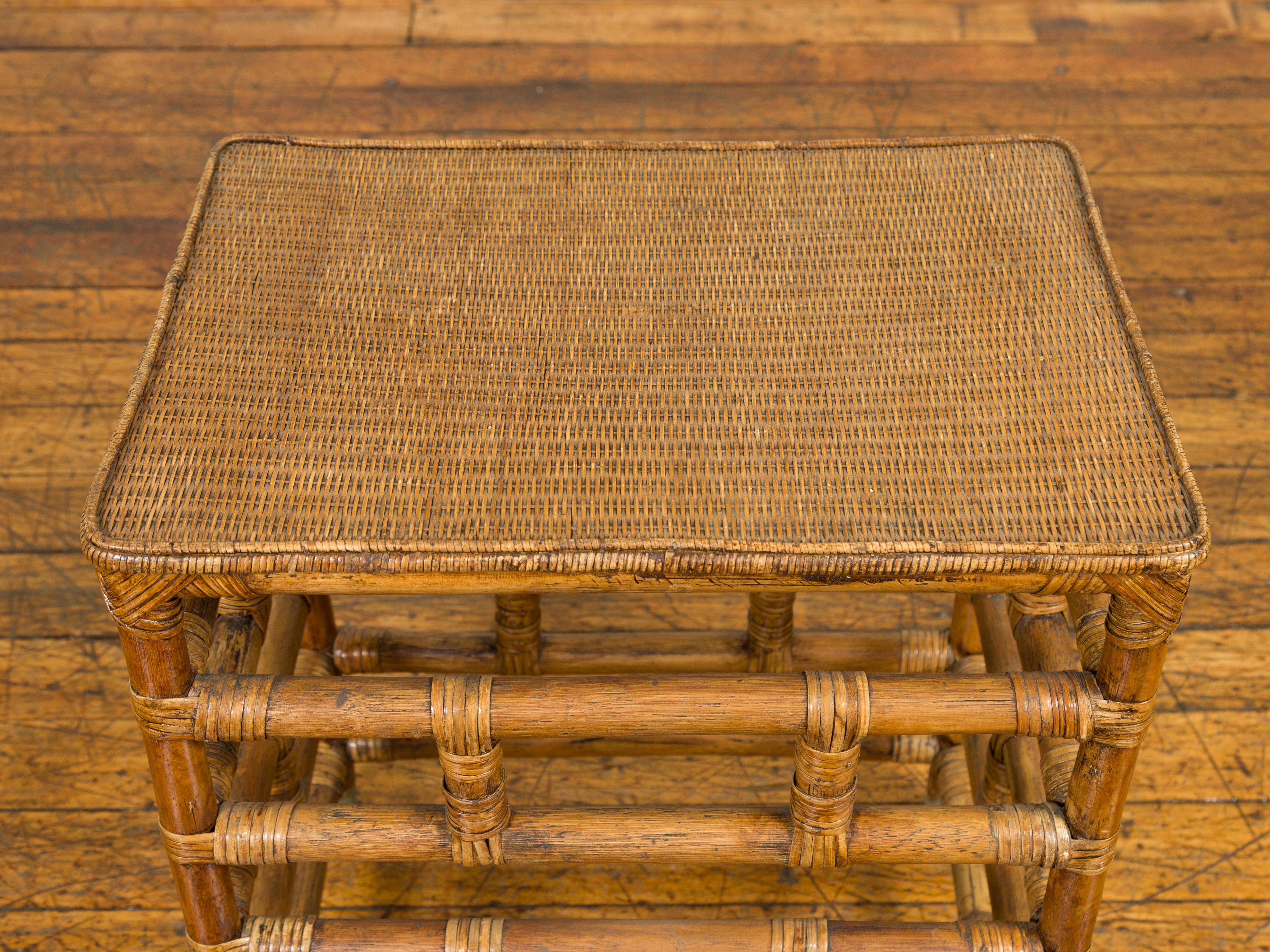 Vintage Midcentury Burmese Side Table with Rattan Top and Geometric Bamboo Base 2
