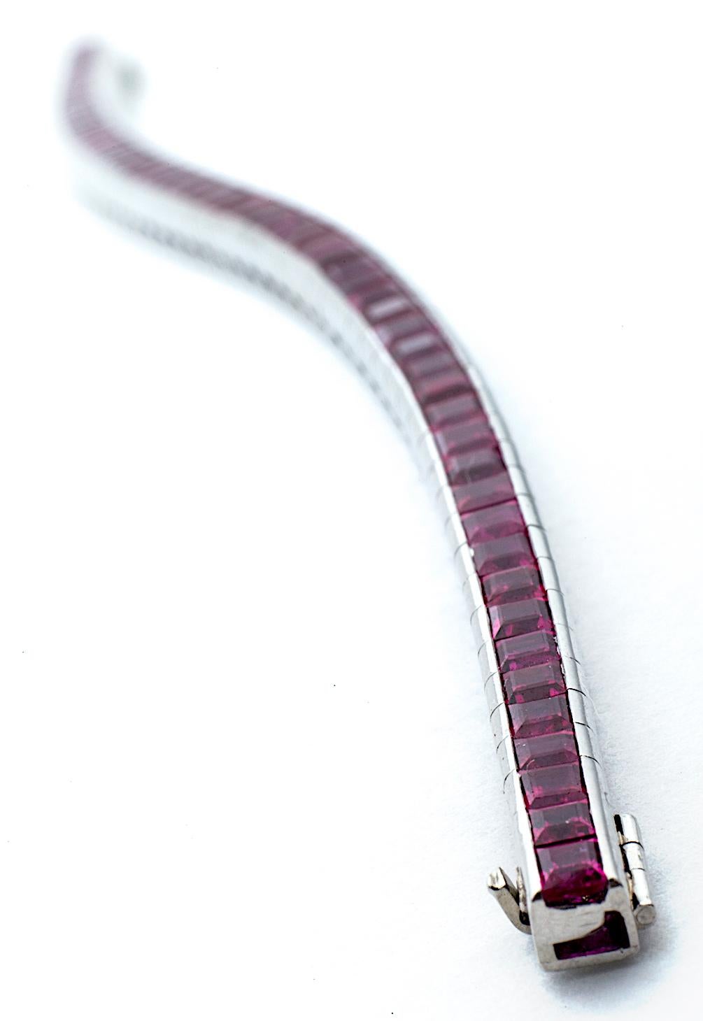 Contemporary Vintage Midcentury C.D. Peacock Square Cut Burmese Ruby Platinum Line Bracelet