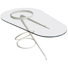 Vintage Midcentury Coffee Side Table Sculpture, Shaped White Metal and Glass Top