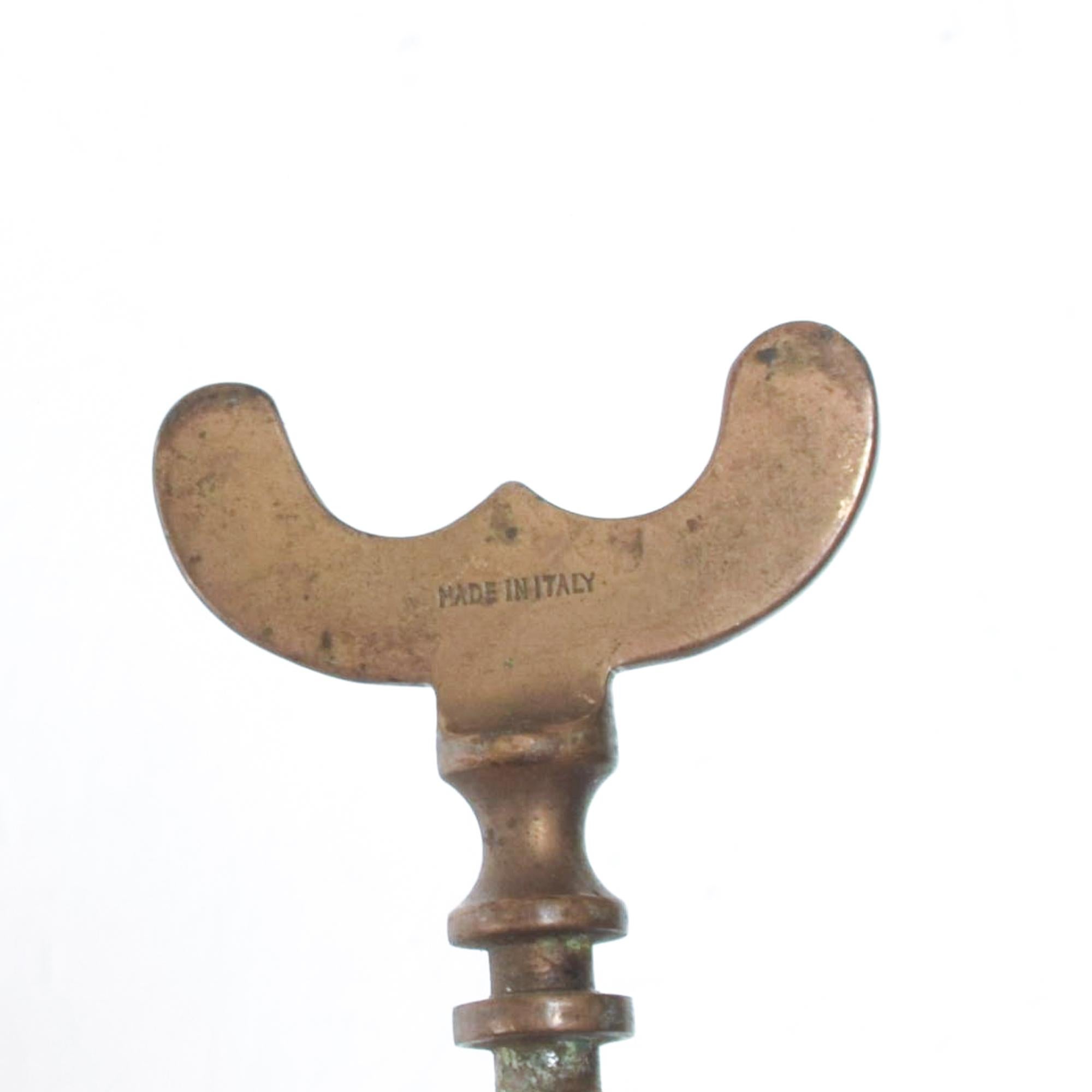 Vintage Midcentury Corkscrew Wine Bottle Opener in Patinated Brass, Italy In Good Condition In Chula Vista, CA