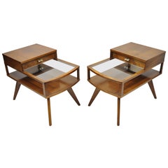 Vintage Midcentury Danish Modern Walnut and Glass Two-Tier Step End Tables