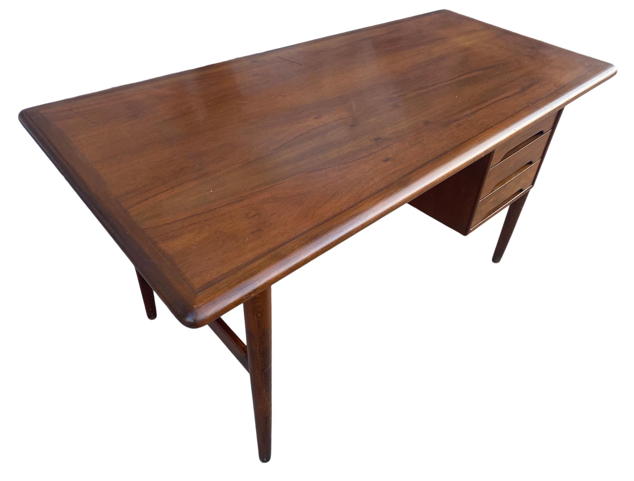 Teak Vintage Midcentury Danish Modern Writing Desk 3 Drawer Denmark Asymmetrical Top For Sale