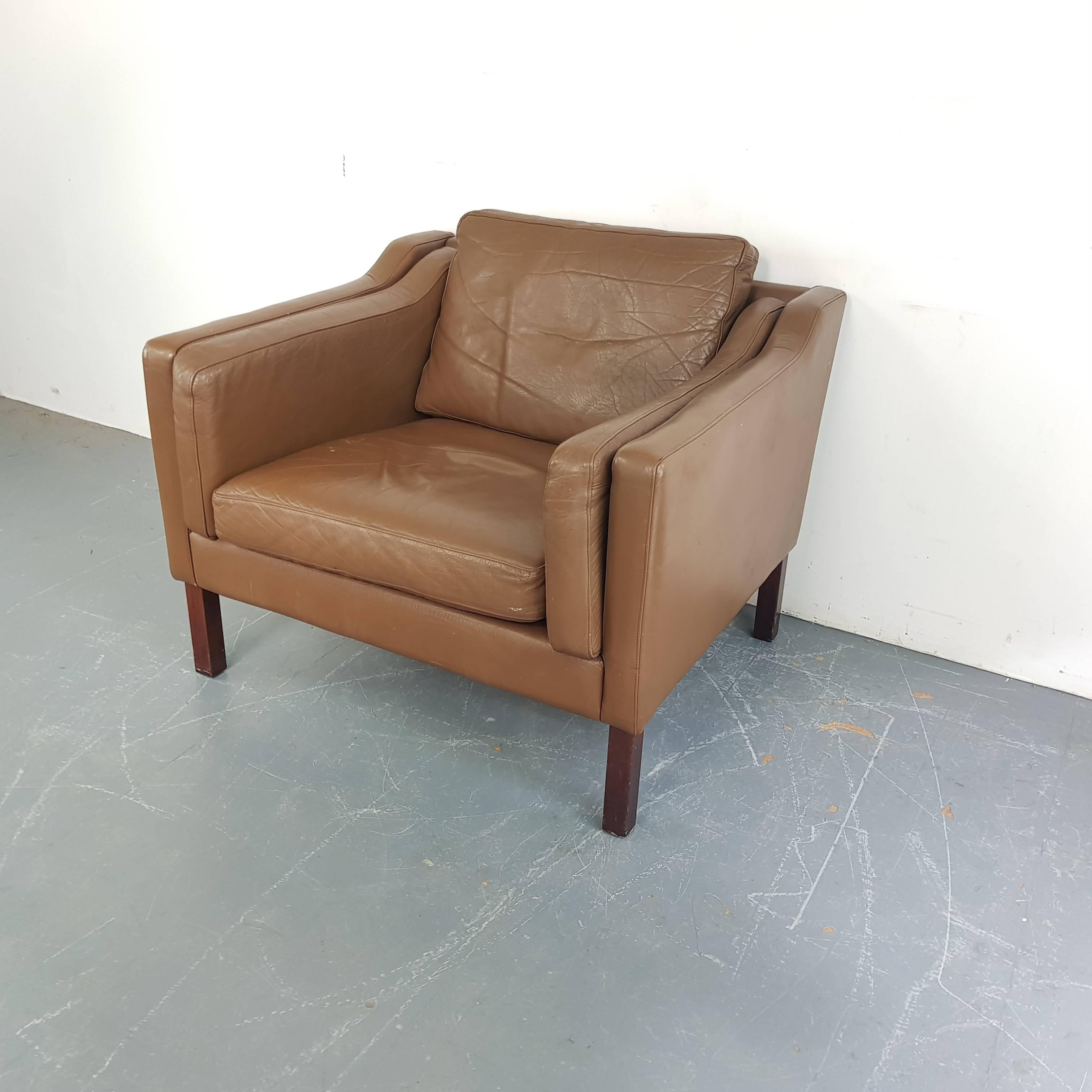 Vintage Midcentury Danish Mogensen Style Armchair in Brown Leather 1