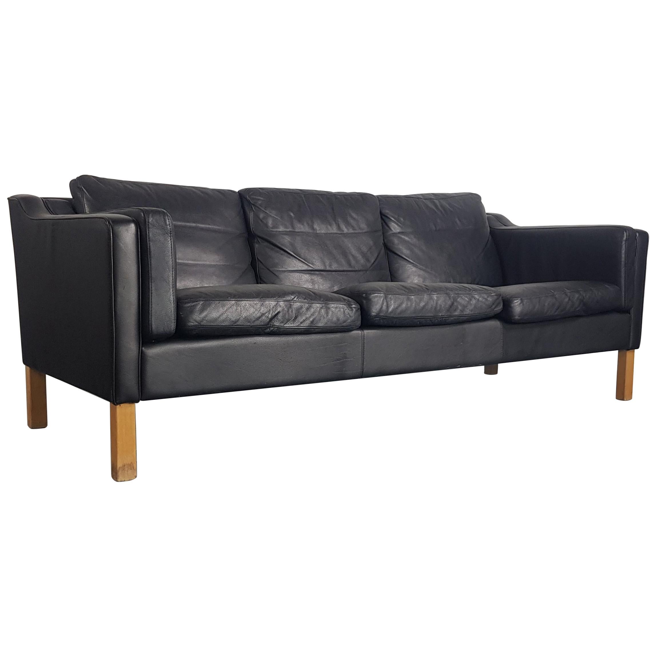 Vintage Midcentury Danish Mogensen Style Three-Seat Sofa in Black Leather