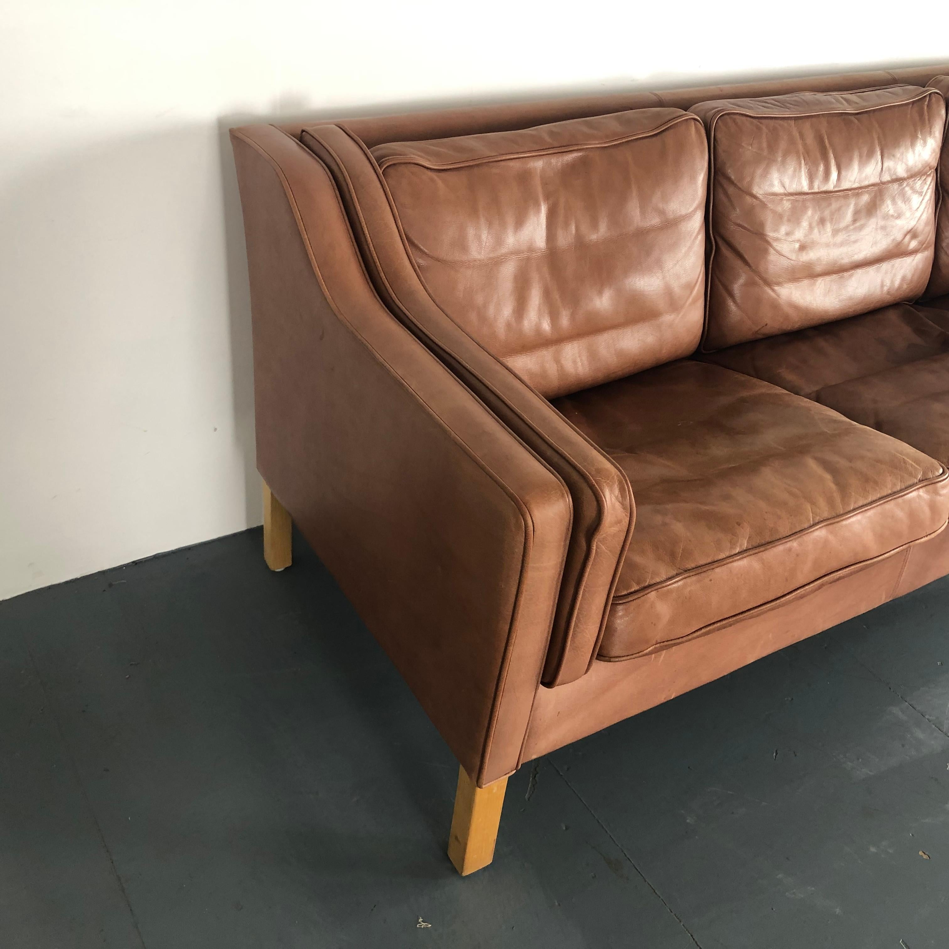 Vintage Midcentury Danish Mogensen Style Three-Seat Sofa in Brown In Good Condition In Lewes, East Sussex