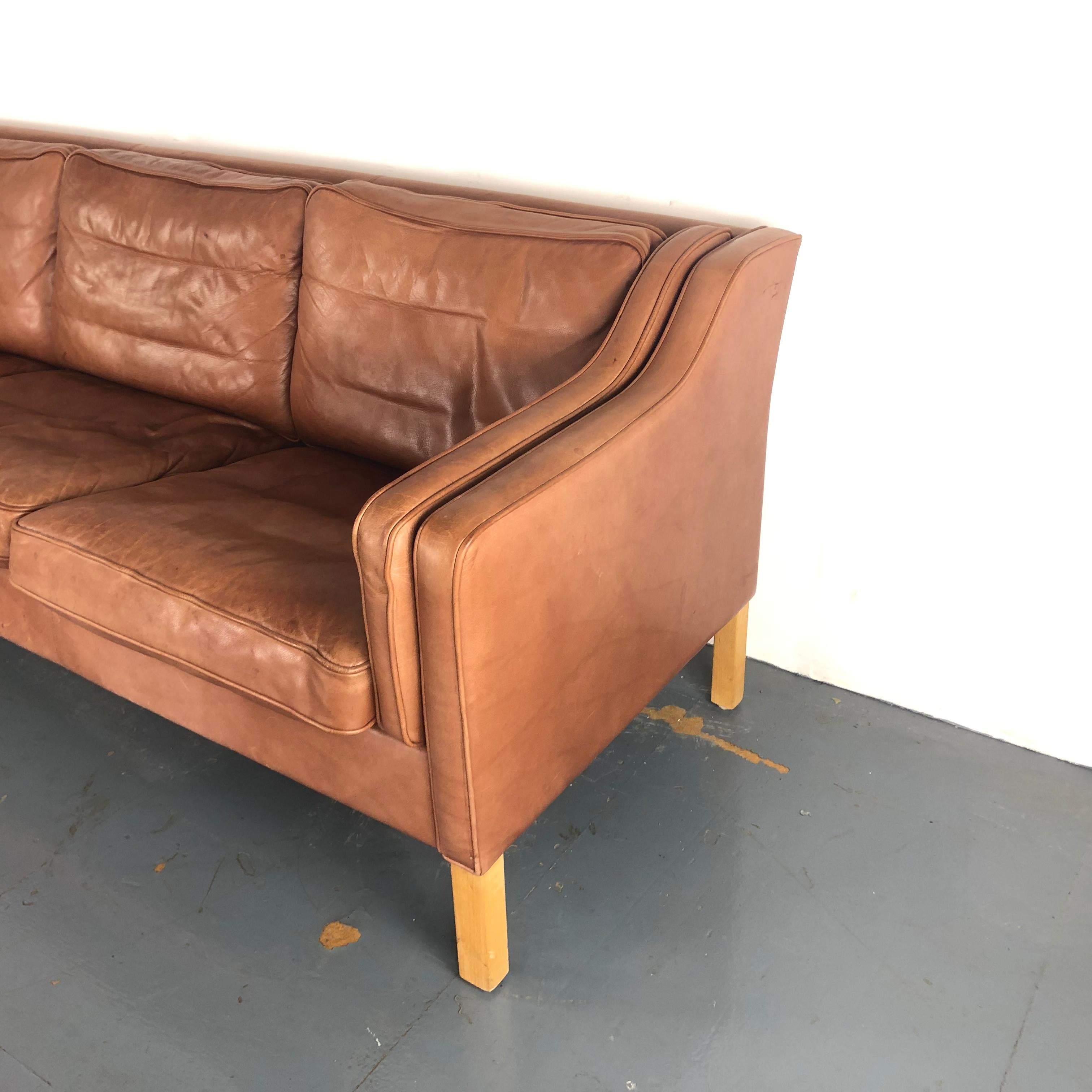 20th Century Vintage Midcentury Danish Mogensen Style Three-Seat Sofa in Brown
