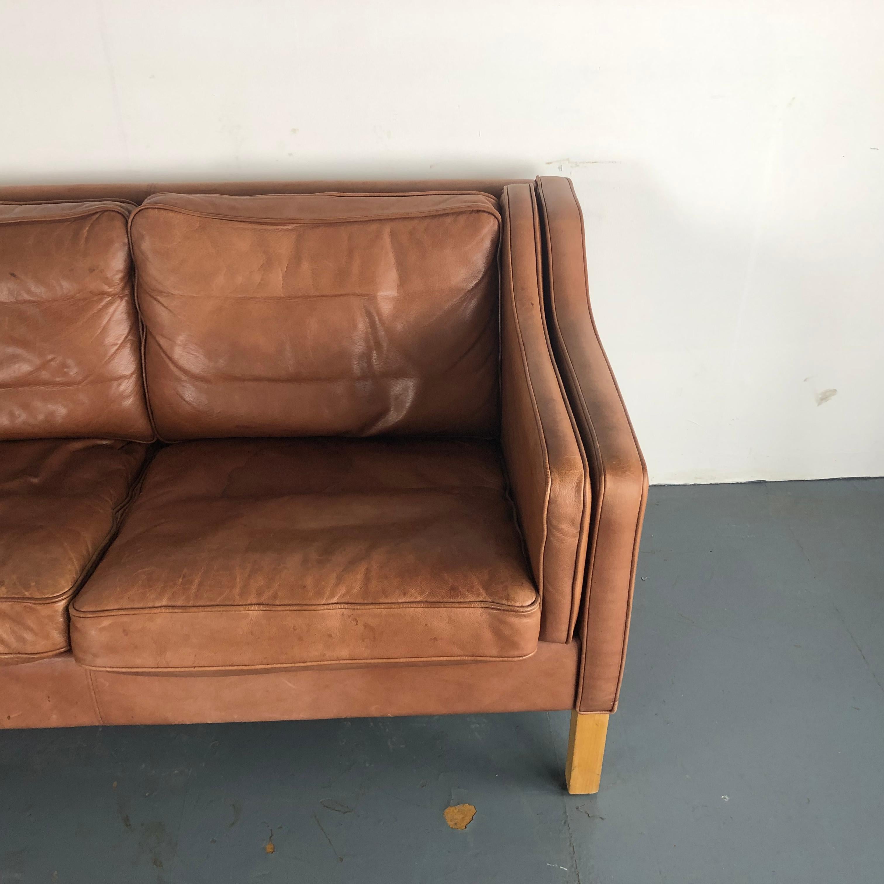 Leather Vintage Midcentury Danish Mogensen Style Three-Seat Sofa in Brown