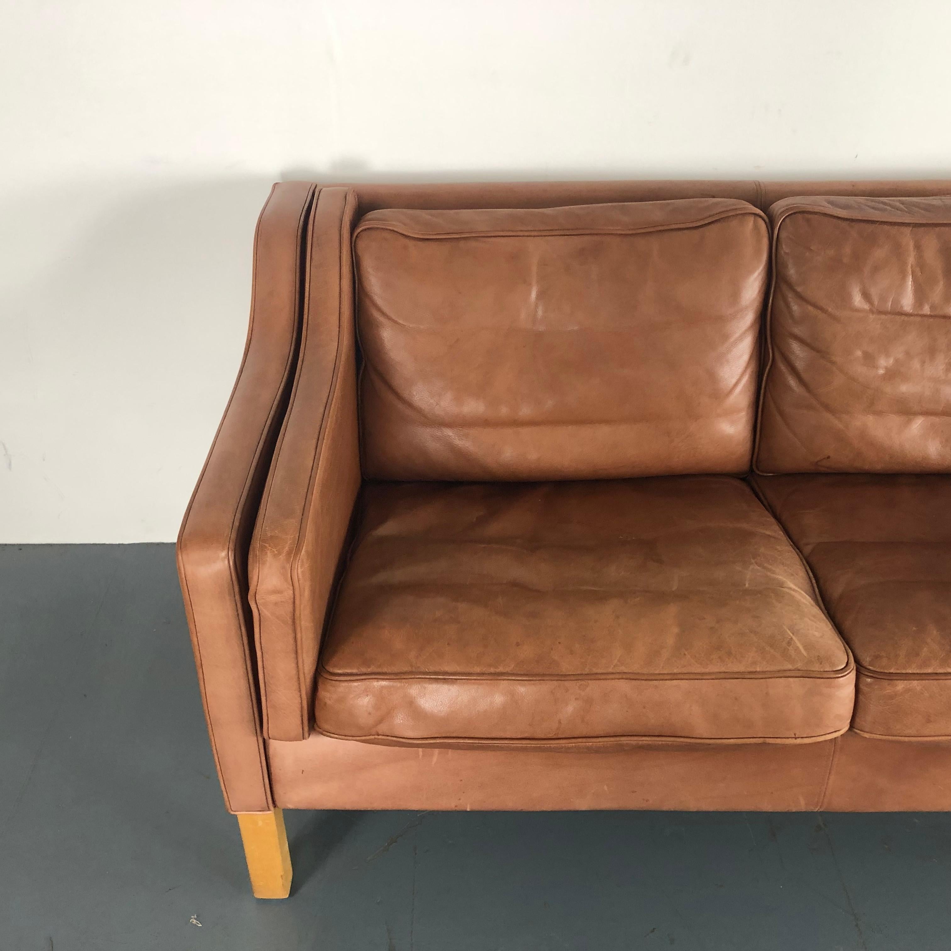Vintage Midcentury Danish Mogensen Style Three-Seat Sofa in Brown 1