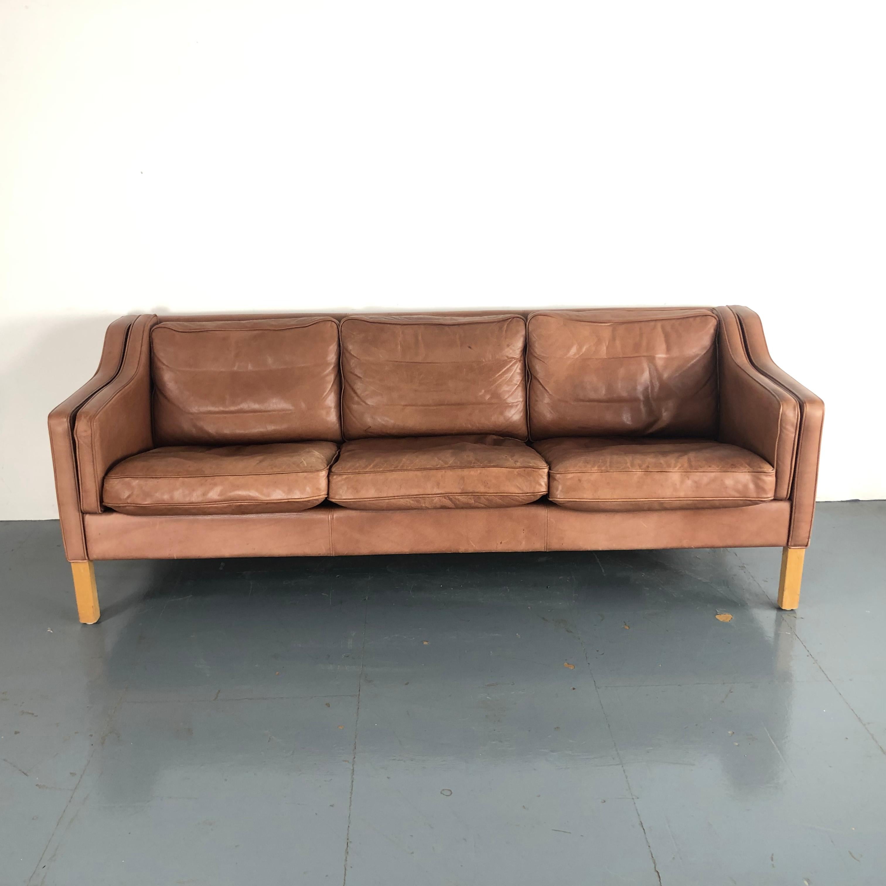 Vintage Midcentury Danish Mogensen Style Three-Seat Sofa in Brown 3