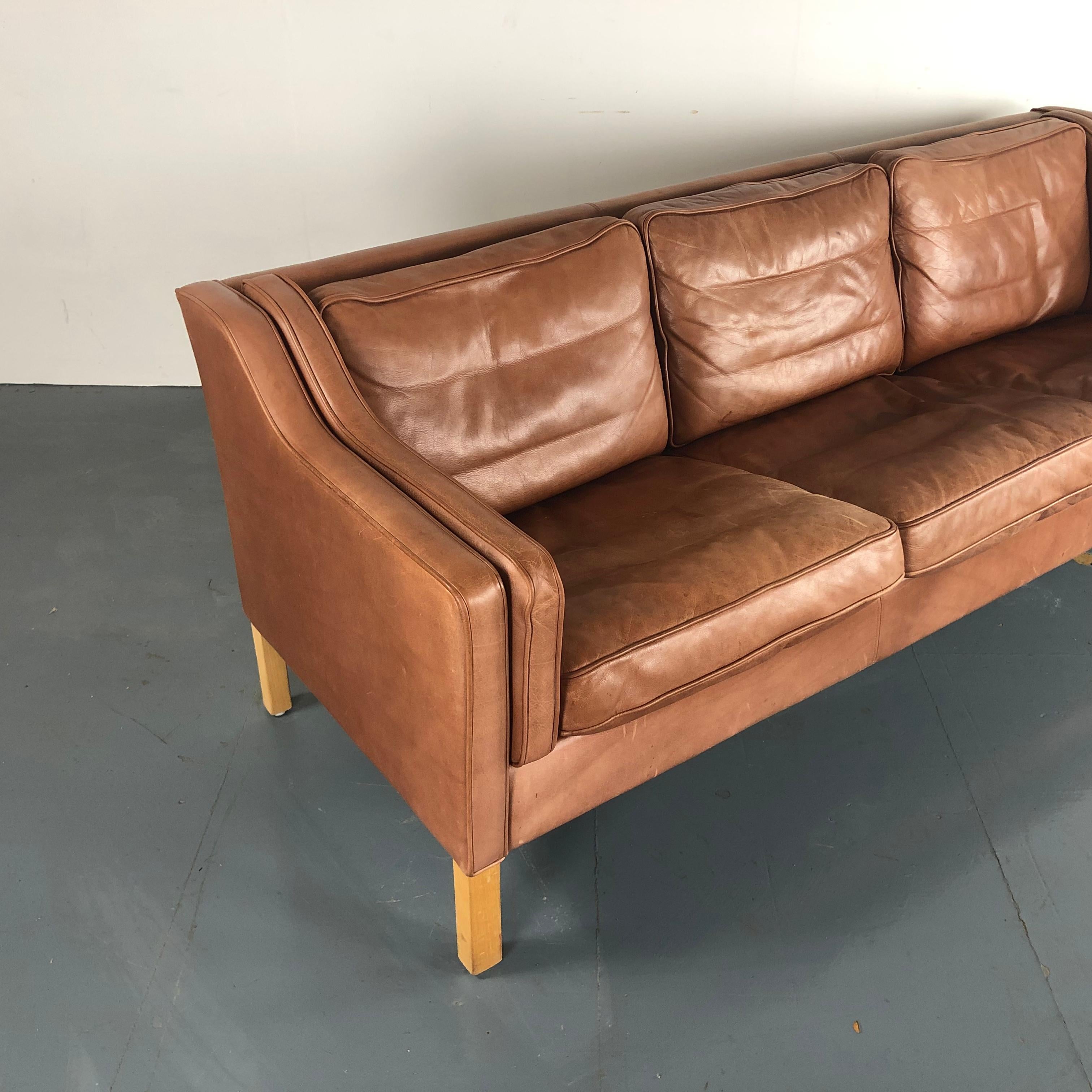 Vintage Midcentury Danish Mogensen Style Three-Seat Sofa in Brown 4