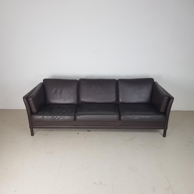 Vintage Midcentury Danish Mogensen Style Three-Seat Sofa in Brown Leather In Good Condition For Sale In Lewes, East Sussex