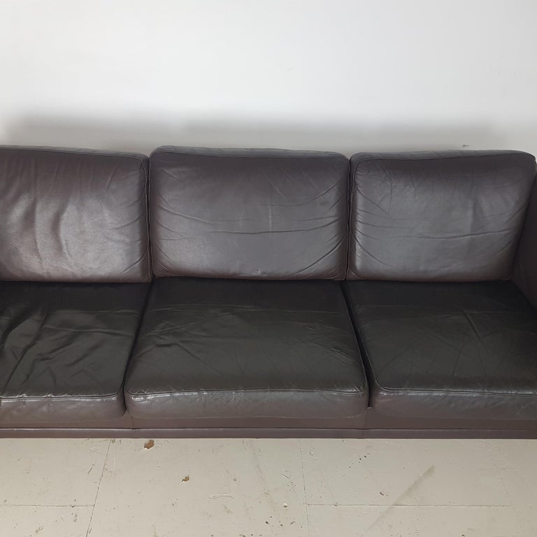 Vintage Midcentury Danish Mogensen Style Three-Seat Sofa in Brown Leather For Sale 1