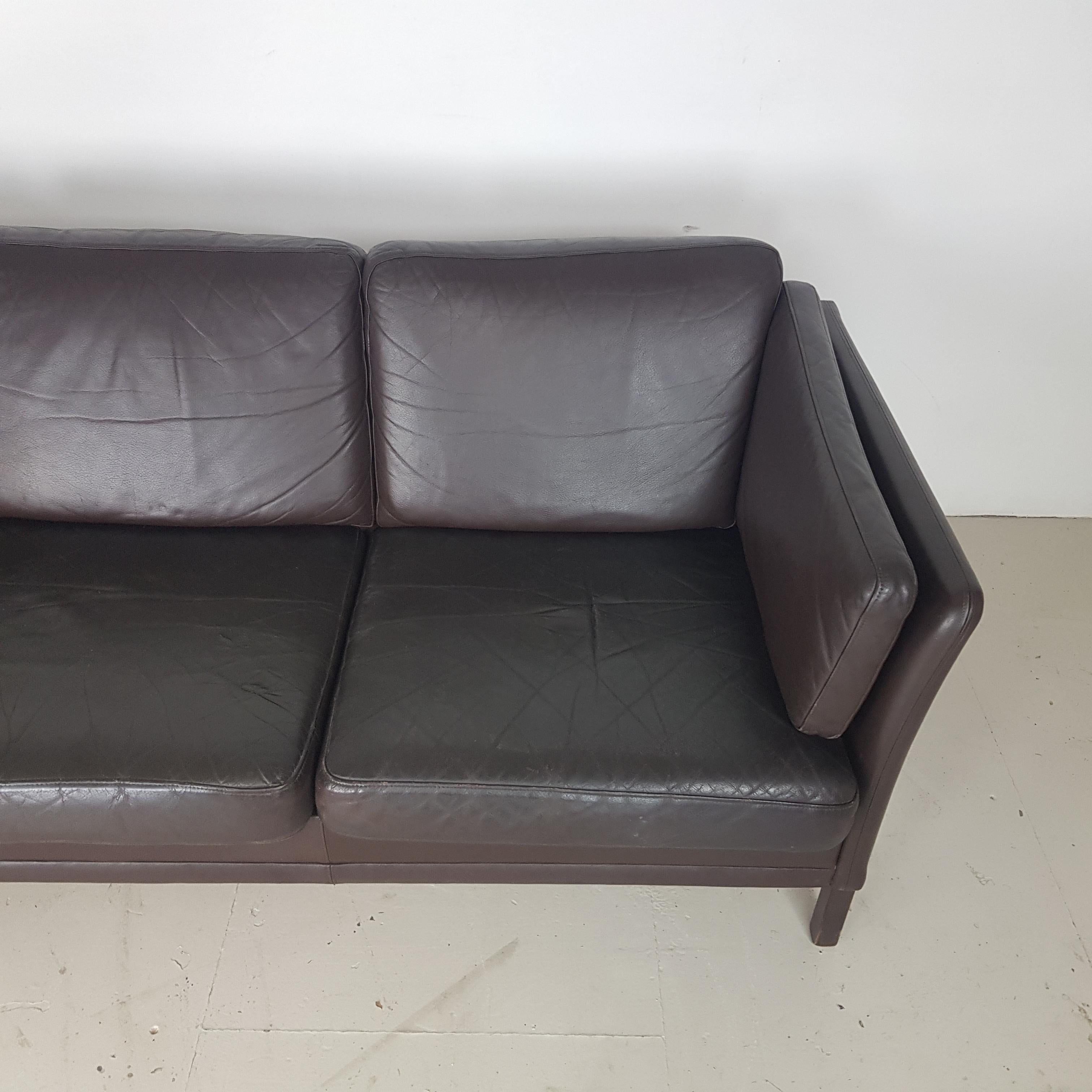 Vintage Midcentury Danish Mogensen Style Three-Seat Sofa in Brown Leather For Sale 2