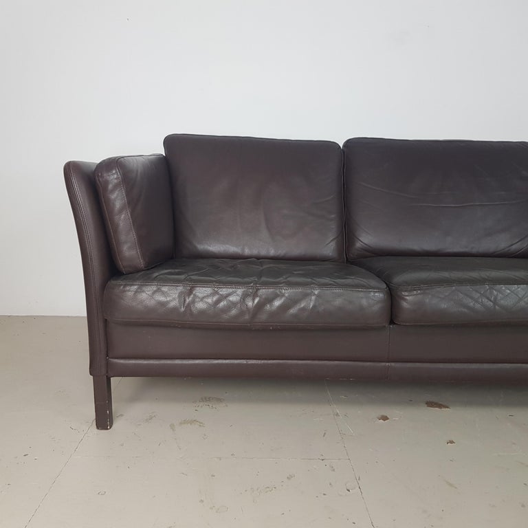 Vintage Midcentury Danish Mogensen Style Three-Seat Sofa in Brown Leather For Sale 3
