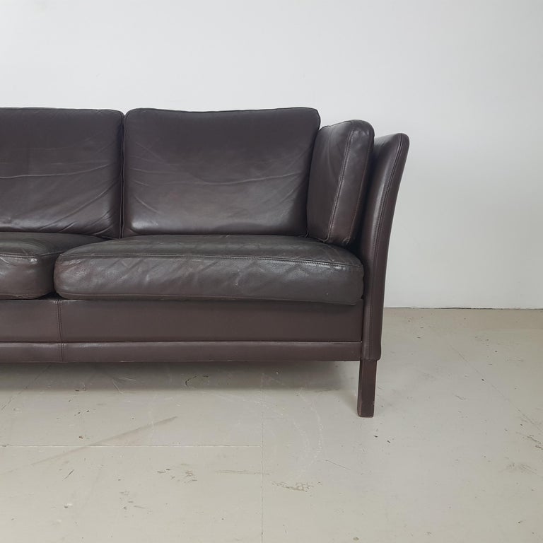 Vintage Midcentury Danish Mogensen Style Three-Seat Sofa in Brown Leather For Sale 4