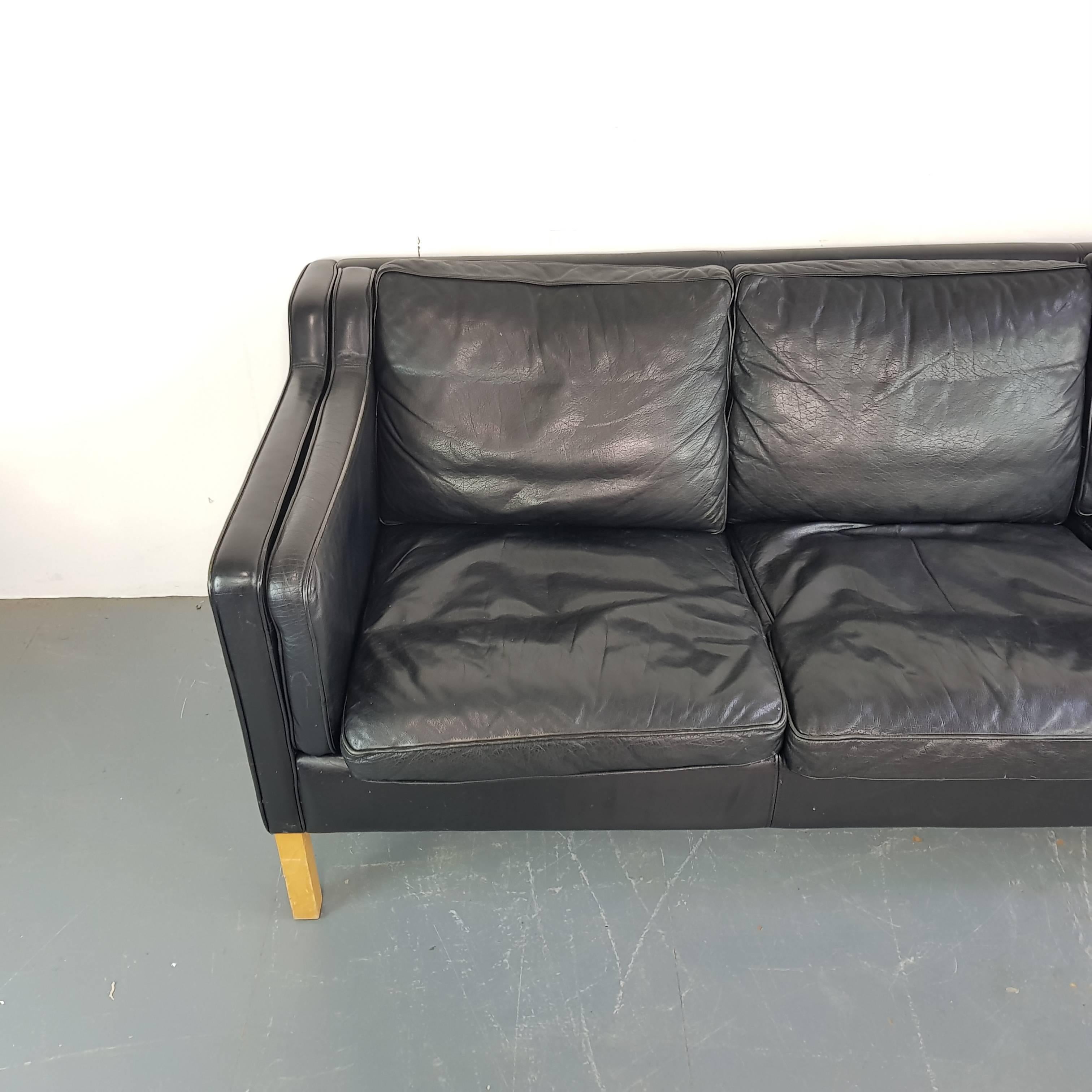 Leather Vintage Midcentury Danish Mogensen Style Three-Seat Sofa Made by Stouby in Black For Sale