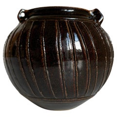 Vintage Midcentury Dark Brown Glazed Bowl Vase, Denmark