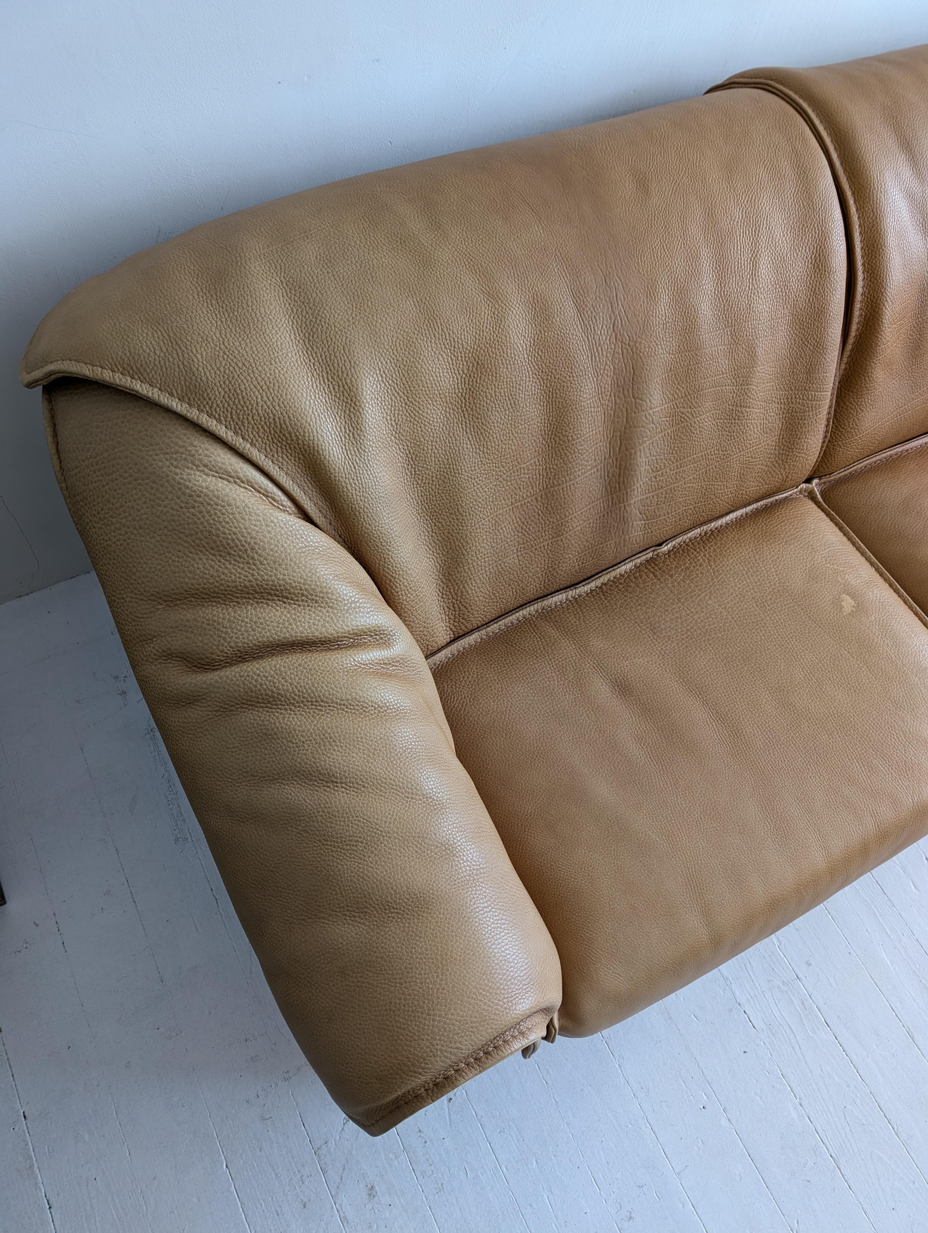 Vintage midcentury De Sede style tan Buffalo Leather Sofa For Sale 7