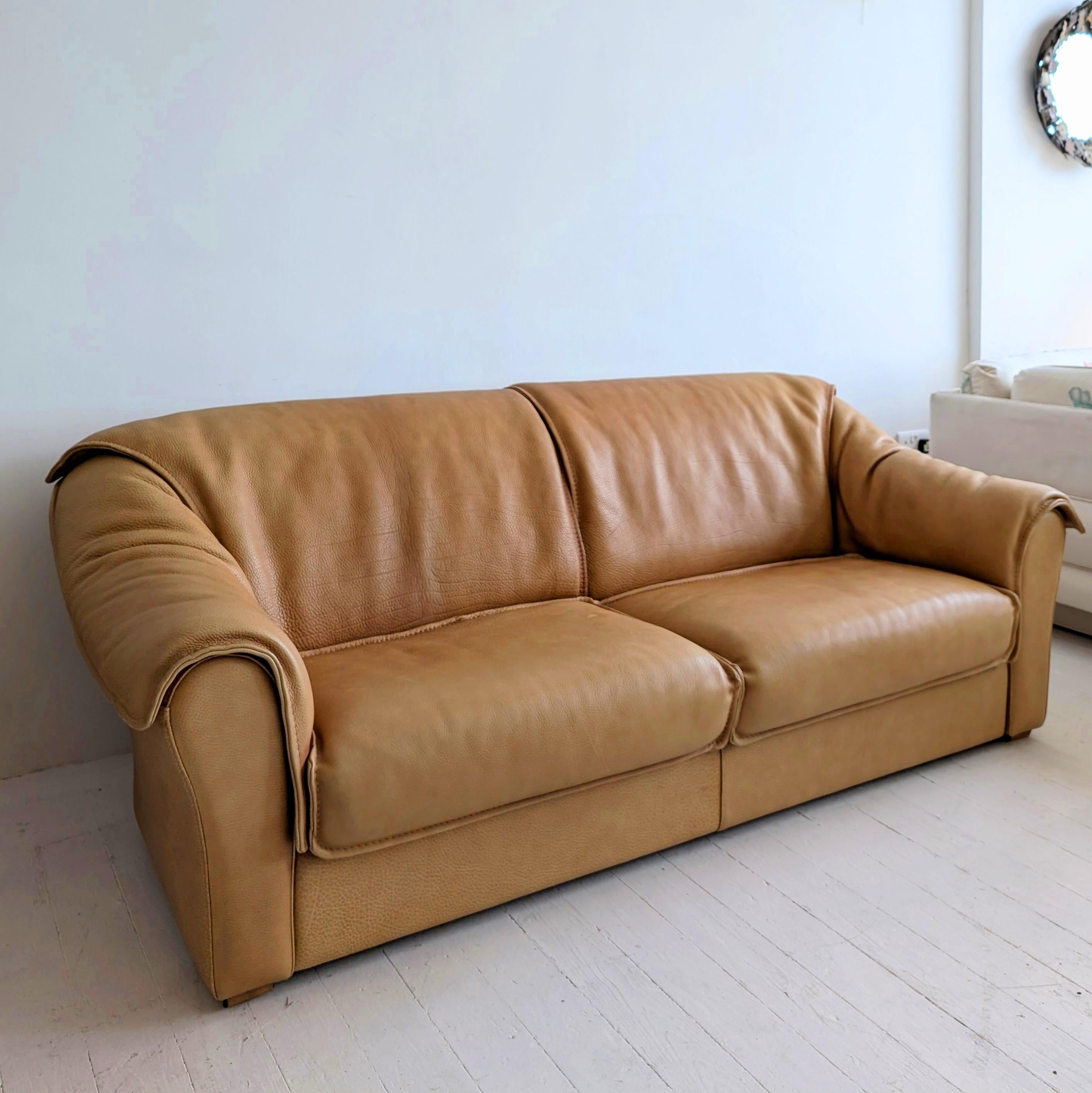 Mid-Century Modern Vintage midcentury De Sede style tan Buffalo Leather Sofa For Sale
