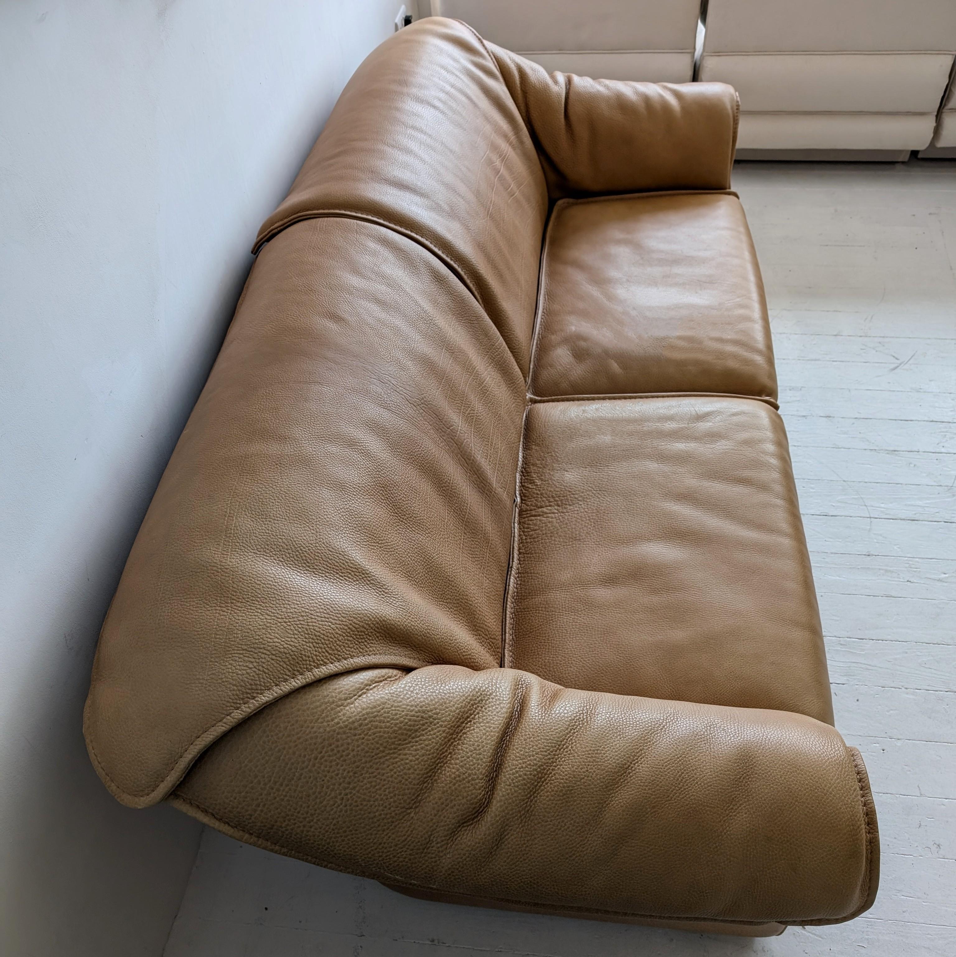 Unknown Vintage midcentury De Sede style tan Buffalo Leather Sofa For Sale