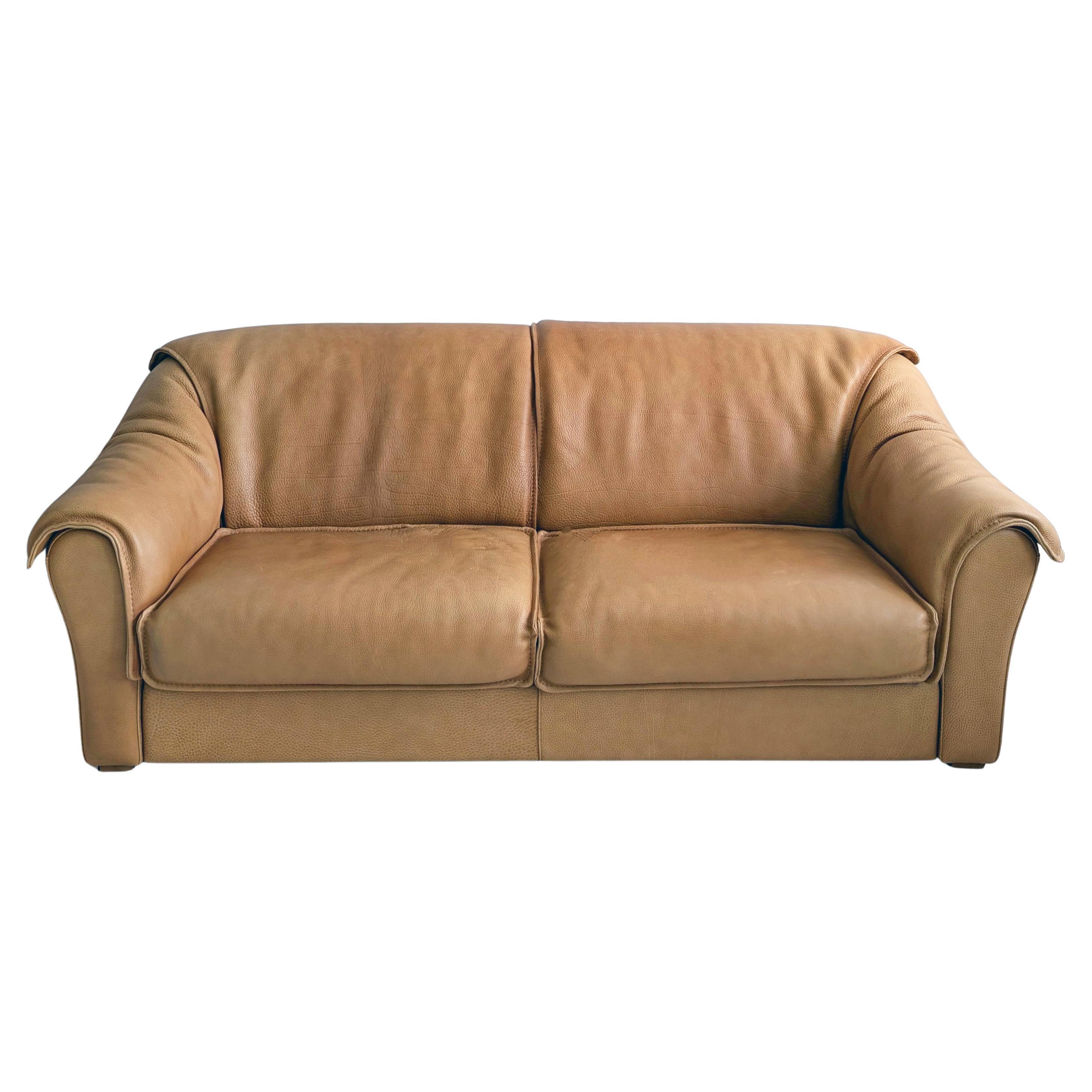 Vintage midcentury De Sede style tan Buffalo Leather Sofa For Sale