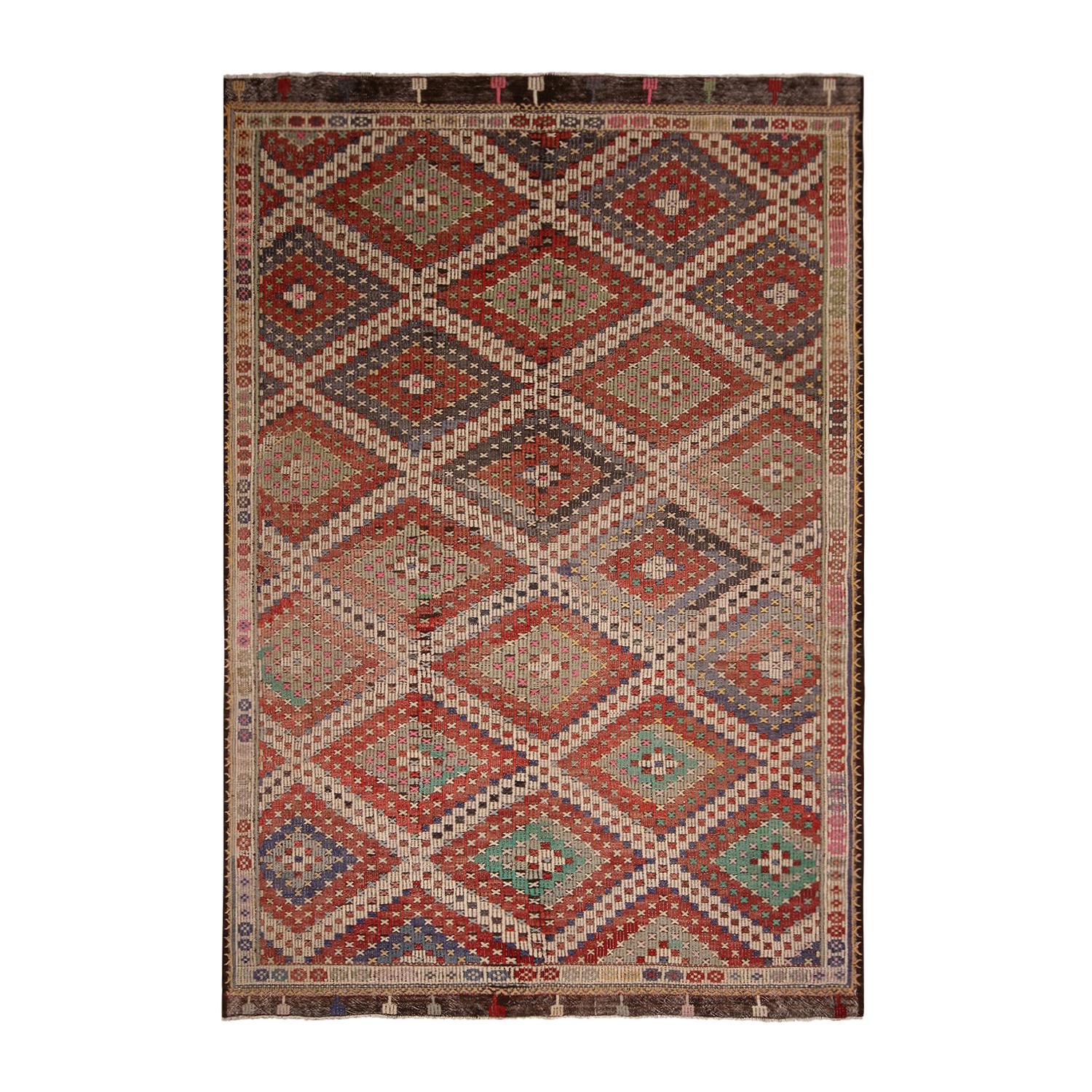 Vintage Midcentury Denizli Diamond Red and Brown Wool Kilim Rug by Rug & Kilim