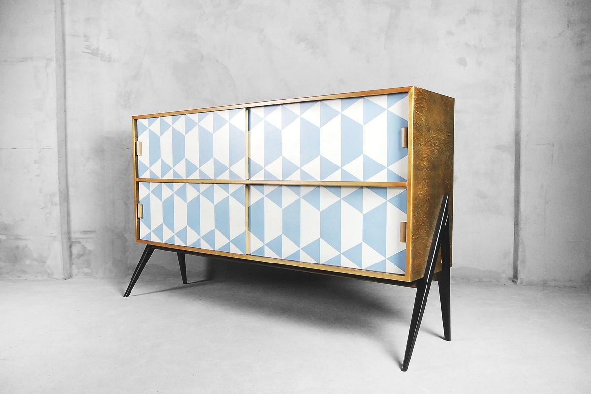 Vintage Midcentury Dual Walnut Sideboard with Hand Painted Blue Pattern, 1960s 5