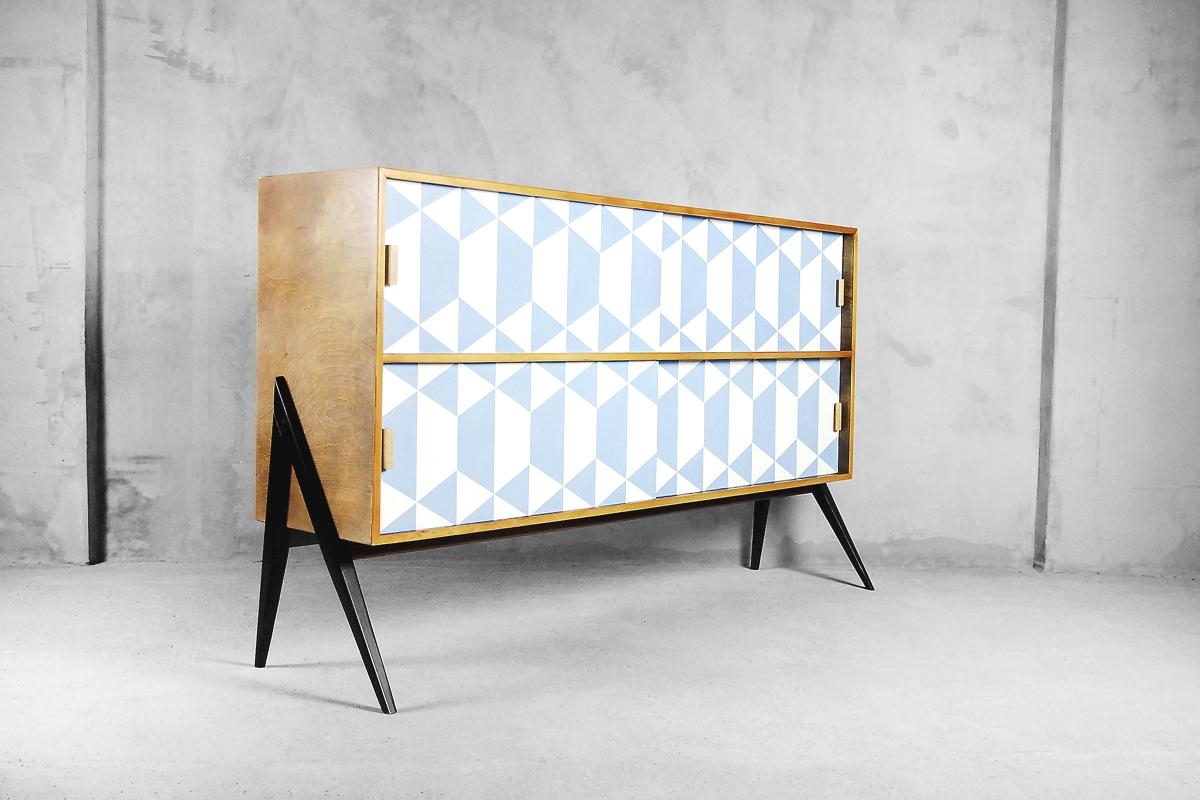 Mid-Century Modern Vintage Midcentury Dual Walnut Sideboard with Hand Painted Blue Pattern, 1960s