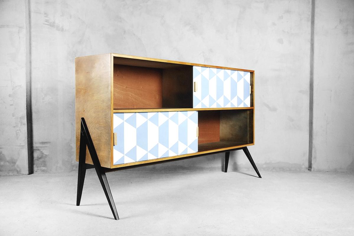 Mid-20th Century Vintage Midcentury Dual Walnut Sideboard with Hand Painted Blue Pattern, 1960s