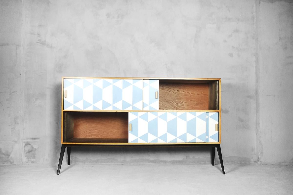 Vintage Midcentury Dual Walnut Sideboard with Hand Painted Blue Pattern, 1960s 2