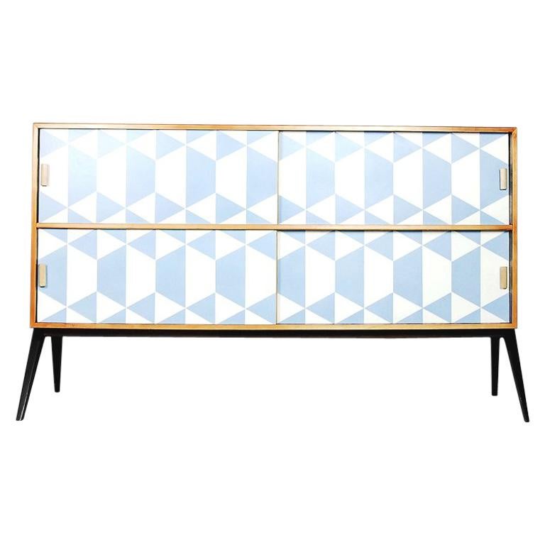 Vintage Midcentury Dual Walnut Sideboard with Hand Painted Blue Pattern, 1960s