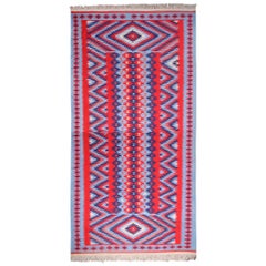 Vintage Midcentury Durry Red and Multi-Tonal Blue Cotton Rug