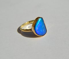 Vintage Midcentury Era Blue Boulder Opal 14 Karat Gold Freeform Ring