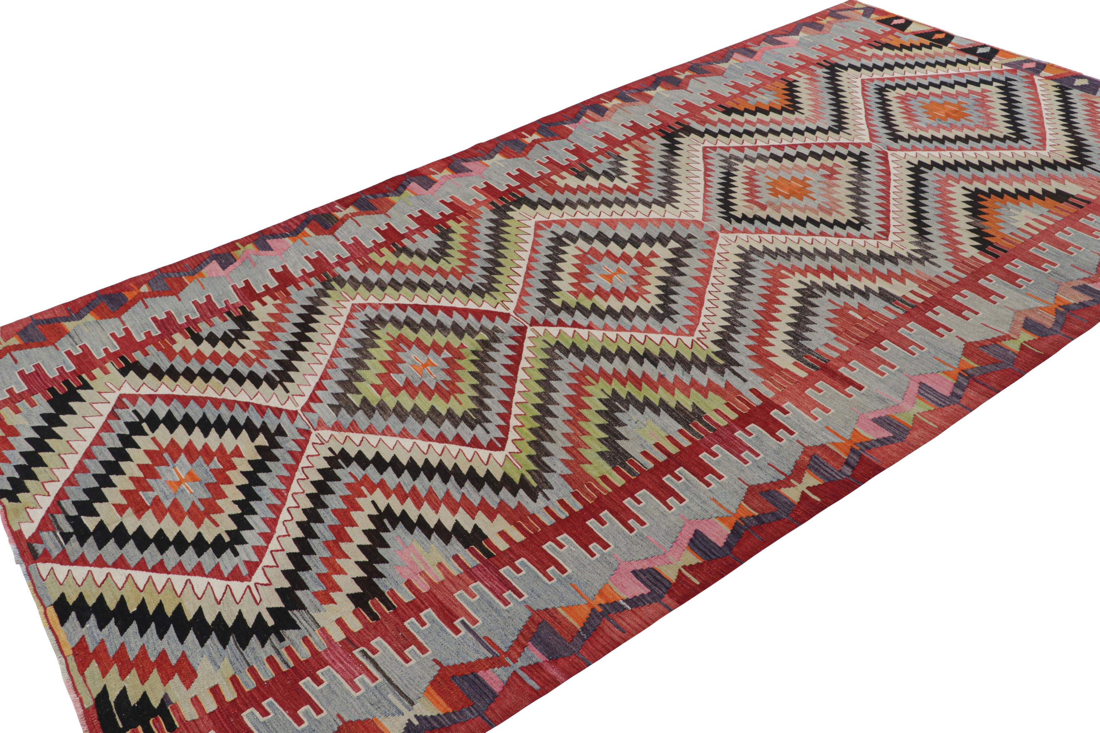 Hand-Woven Vintage Midcentury Esme Diamond Blue and Red Wool Kilim Rug by Rug & Kilim For Sale