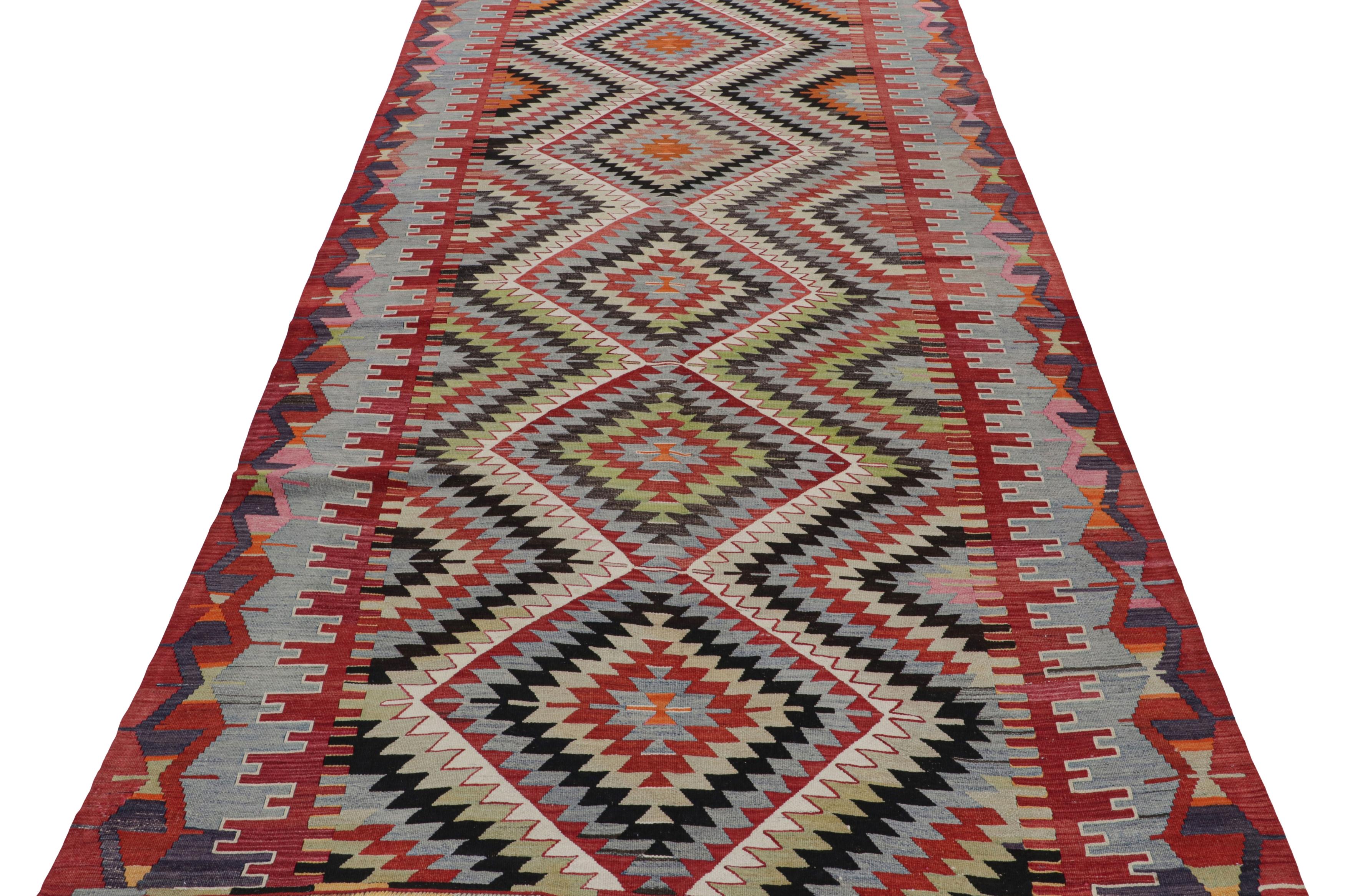 Vintage Midcentury Esme Diamond Blue and Red Wool Kilim Rug by Rug & Kilim In Good Condition For Sale In Long Island City, NY