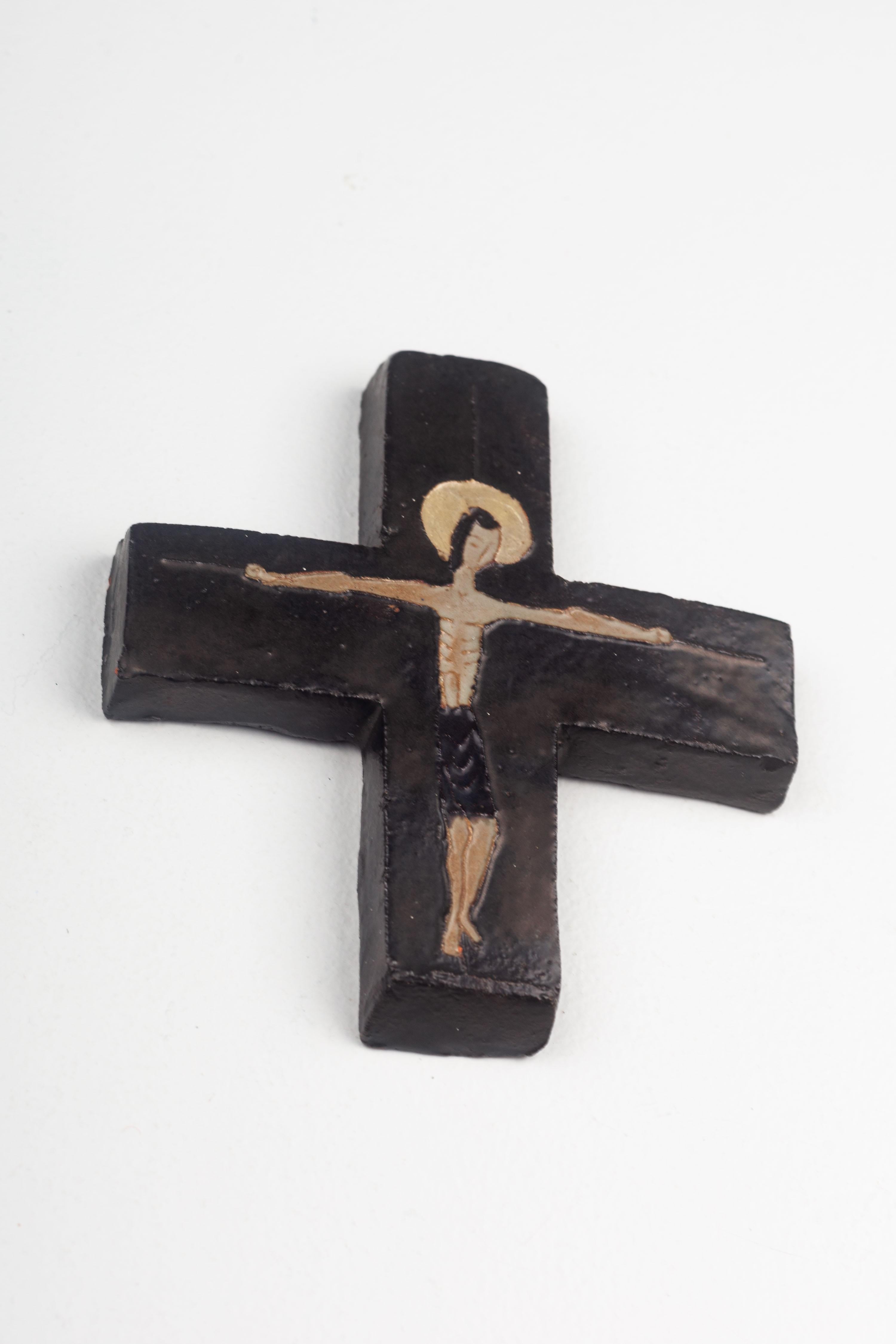 Vintage Midcentury European Black, Brown, Gold Ceramic Crucifix For Sale 2