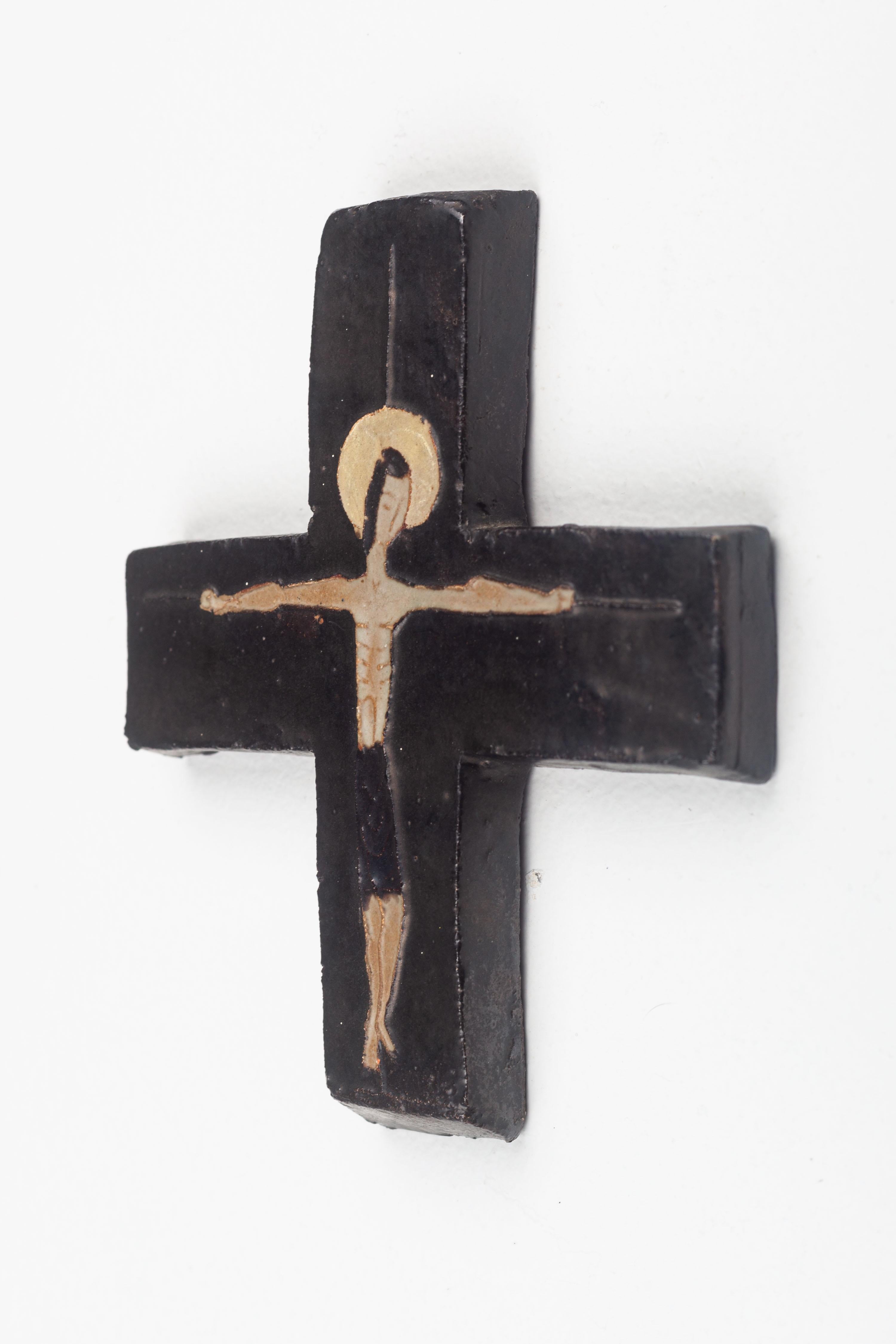 Vintage Midcentury European Black, Brown, Gold Ceramic Crucifix For Sale 3