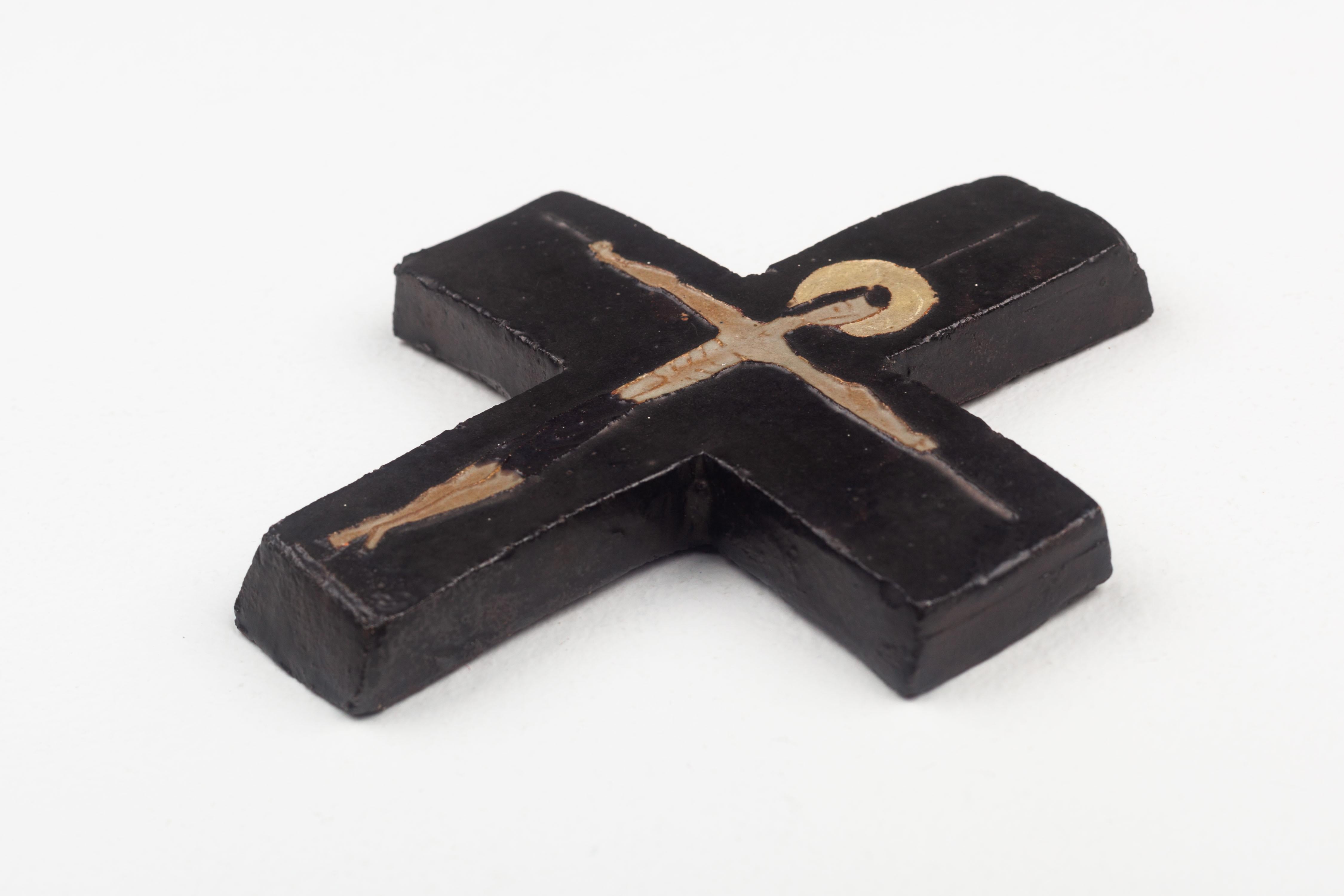 Vintage Midcentury European Black, Brown, Gold Ceramic Crucifix For Sale 6