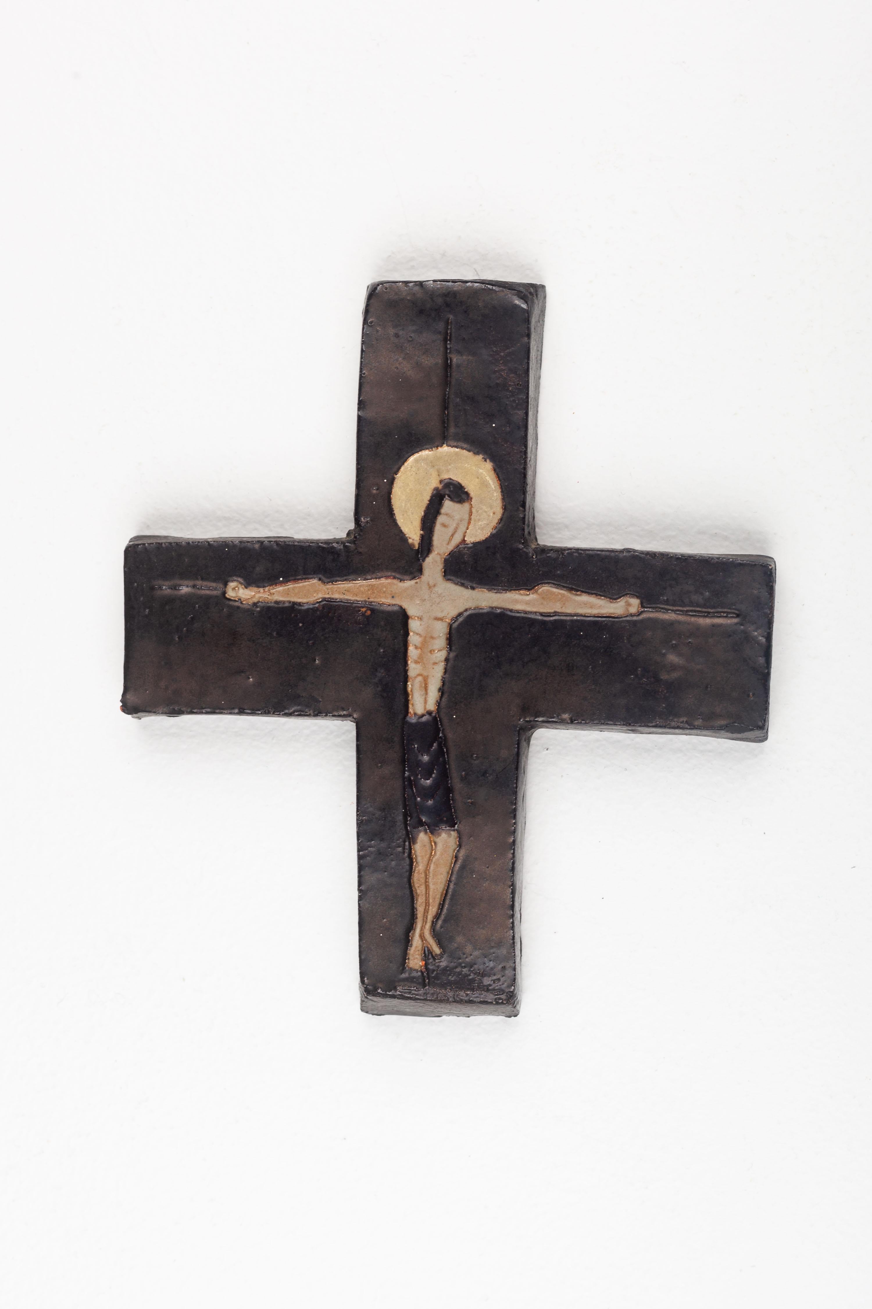 Mid-Century Modern Vintage Midcentury European Black, Brown, Gold Ceramic Crucifix For Sale